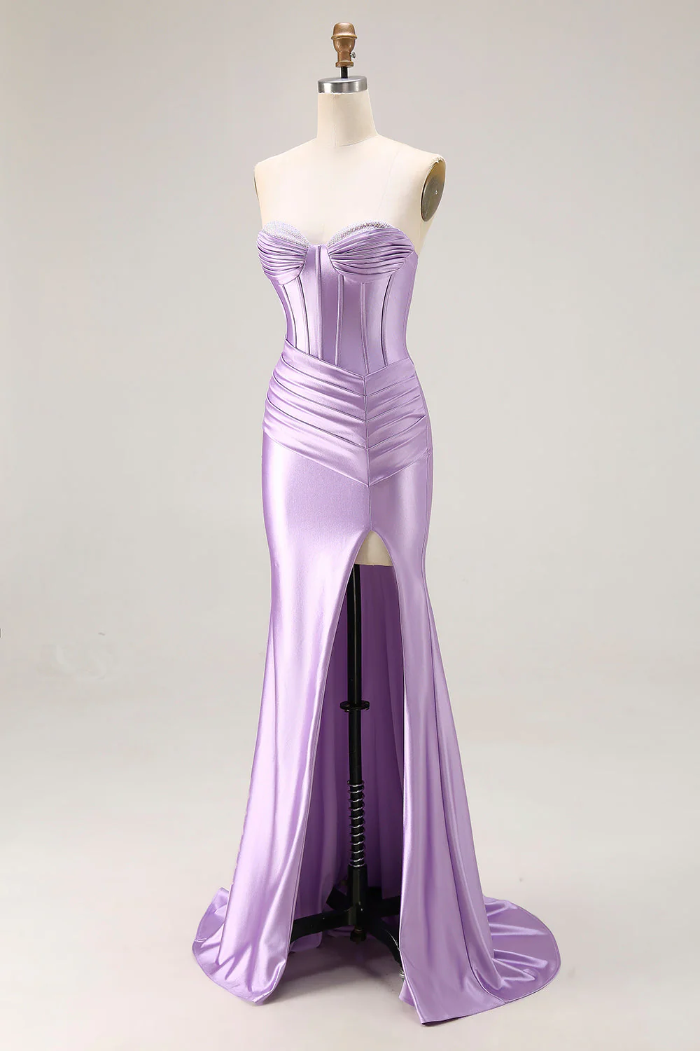 Robe de soirée sirène violette à bretelles fines corset plissé avec fente - Image 3