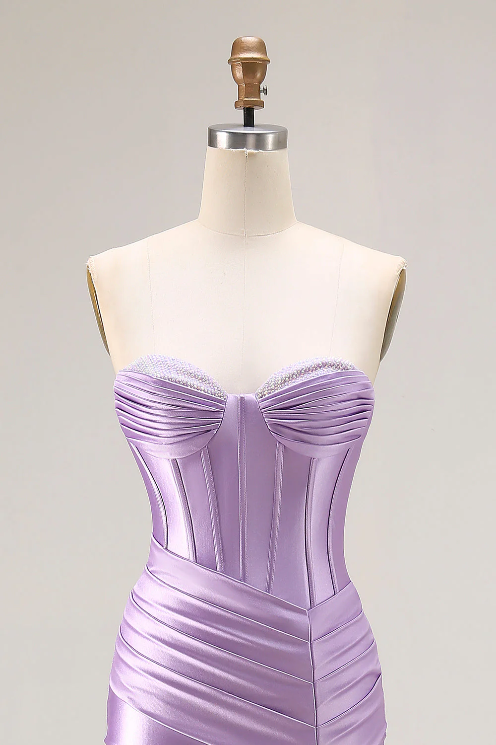 Robe de soirée sirène violette à bretelles fines corset plissé avec fente - Image 4