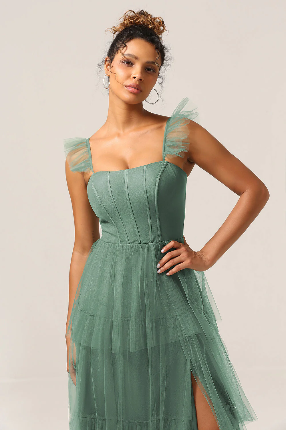 Bretelles amovibles A Line Marine Tiered Longue robe de demoiselle d’honneur - Image 12