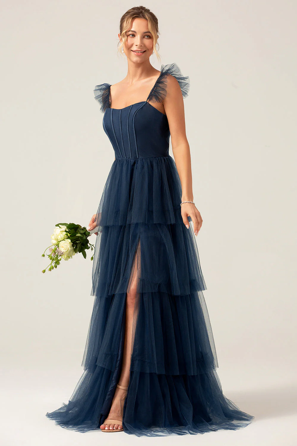 Robe de demoiselle d’honneur longue bleu poussiéreux à bretelles amovibles et à plusieurs niveaux - Image 19