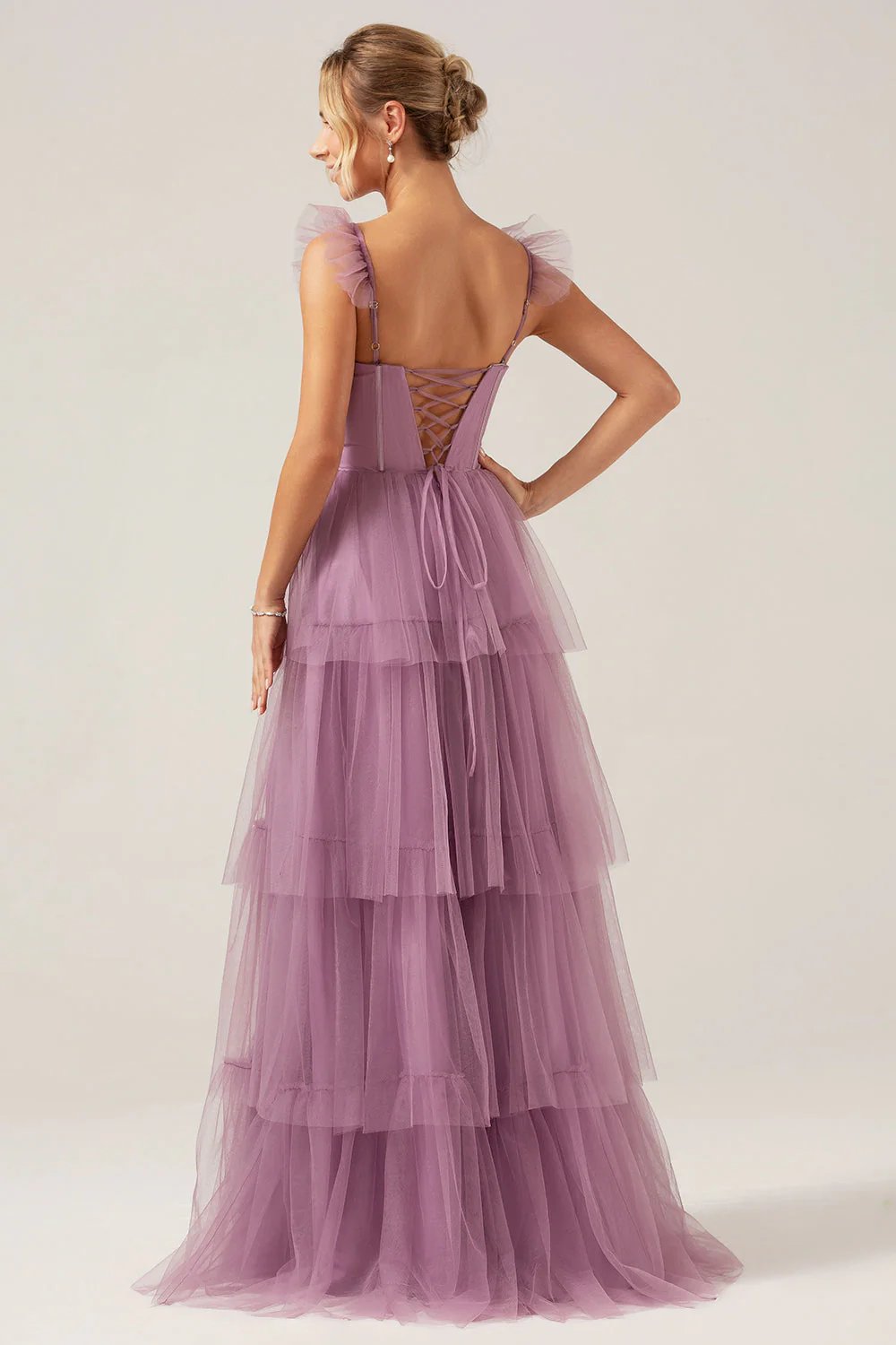 Robe de demoiselle d’honneur longue bleu poussiéreux à bretelles amovibles et à plusieurs niveaux - Image 21