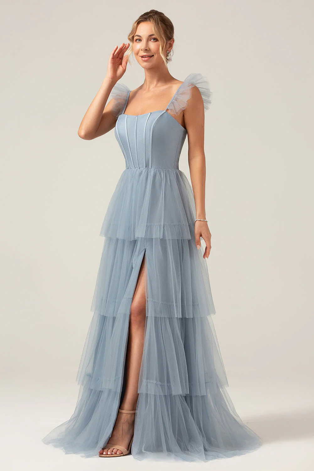 Robe de demoiselle d’honneur longue bleu poussiéreux à bretelles amovibles et à plusieurs niveaux - Image 5