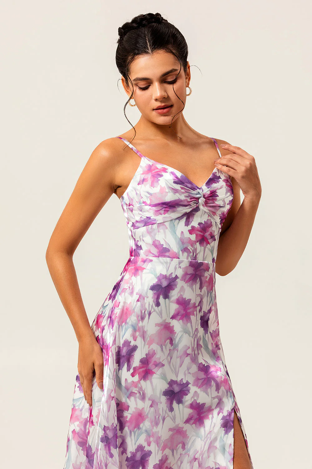 Robe d'invitée de mariage violette imprimé floral ligne A à bretelles fines - Image 8
