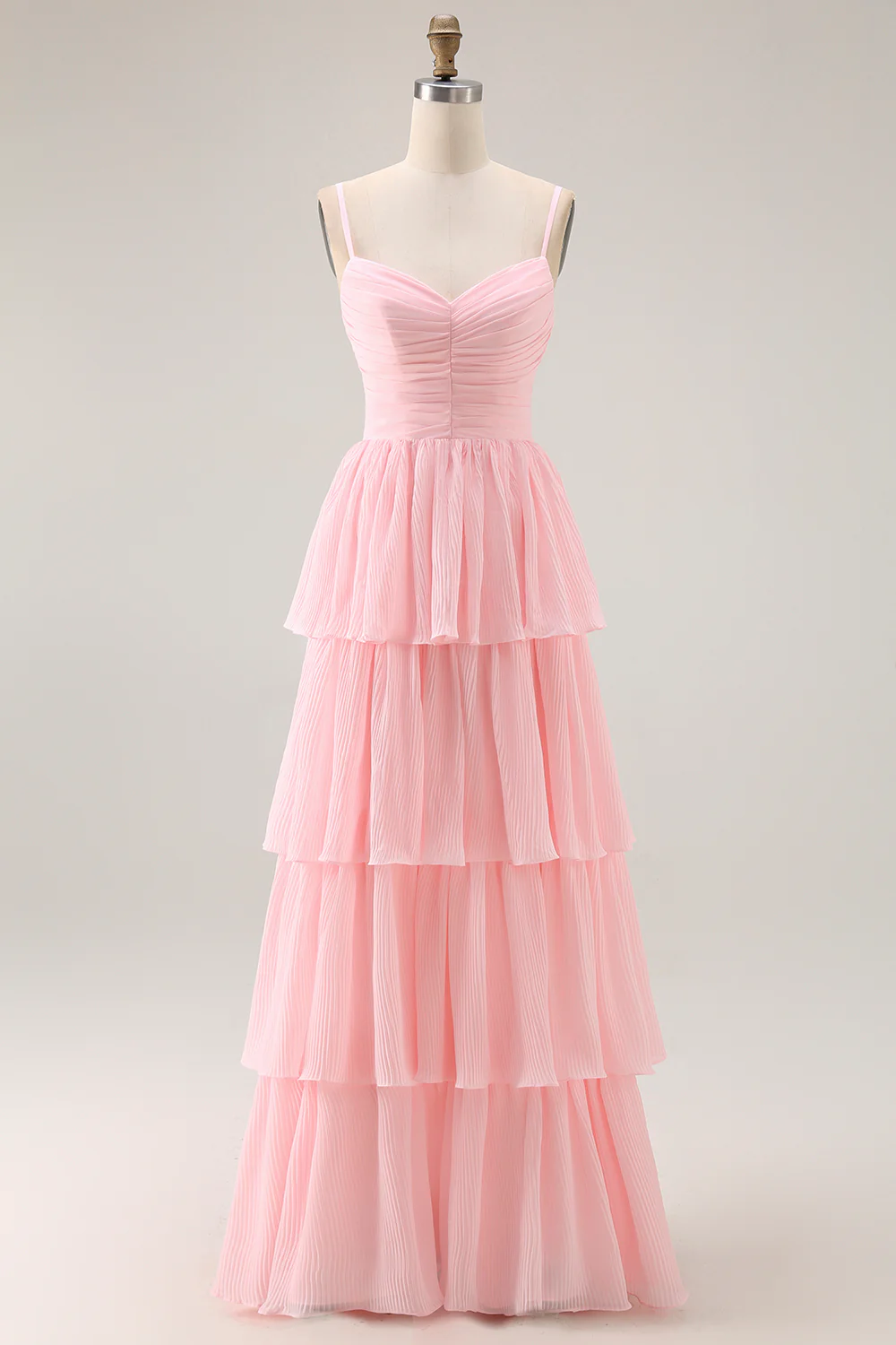 Bretelles spaghetti rose bonbon Une ligne à volants Robe de demoiselle d’honneur longue - Image 3