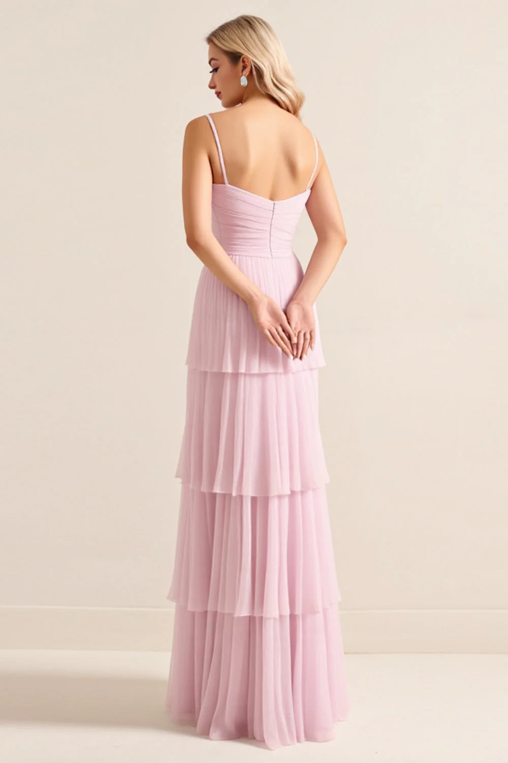 Bretelles spaghetti rose bonbon Une ligne à volants Robe de demoiselle d’honneur longue - Image 5