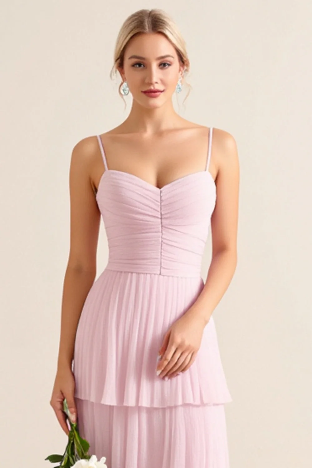 Bretelles spaghetti rose bonbon Une ligne à volants Robe de demoiselle d’honneur longue - Image 6