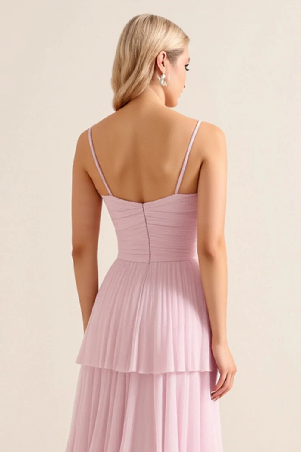 Bretelles spaghetti rose bonbon Une ligne à volants Robe de demoiselle d’honneur longue - Image 7