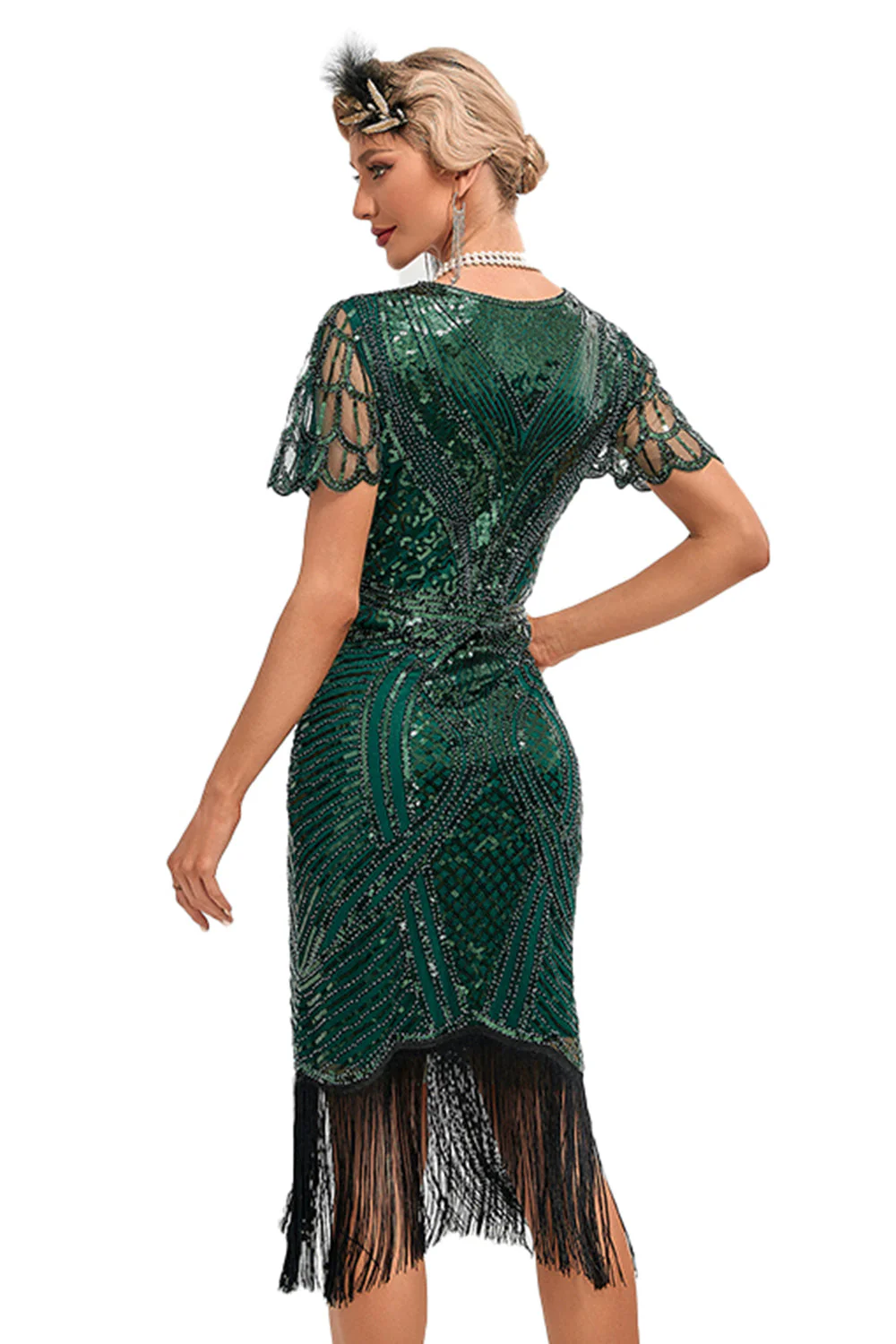 Robe Gatsby années 1920 vert foncé scintillante à manches cape avec perles et franges - Image 2