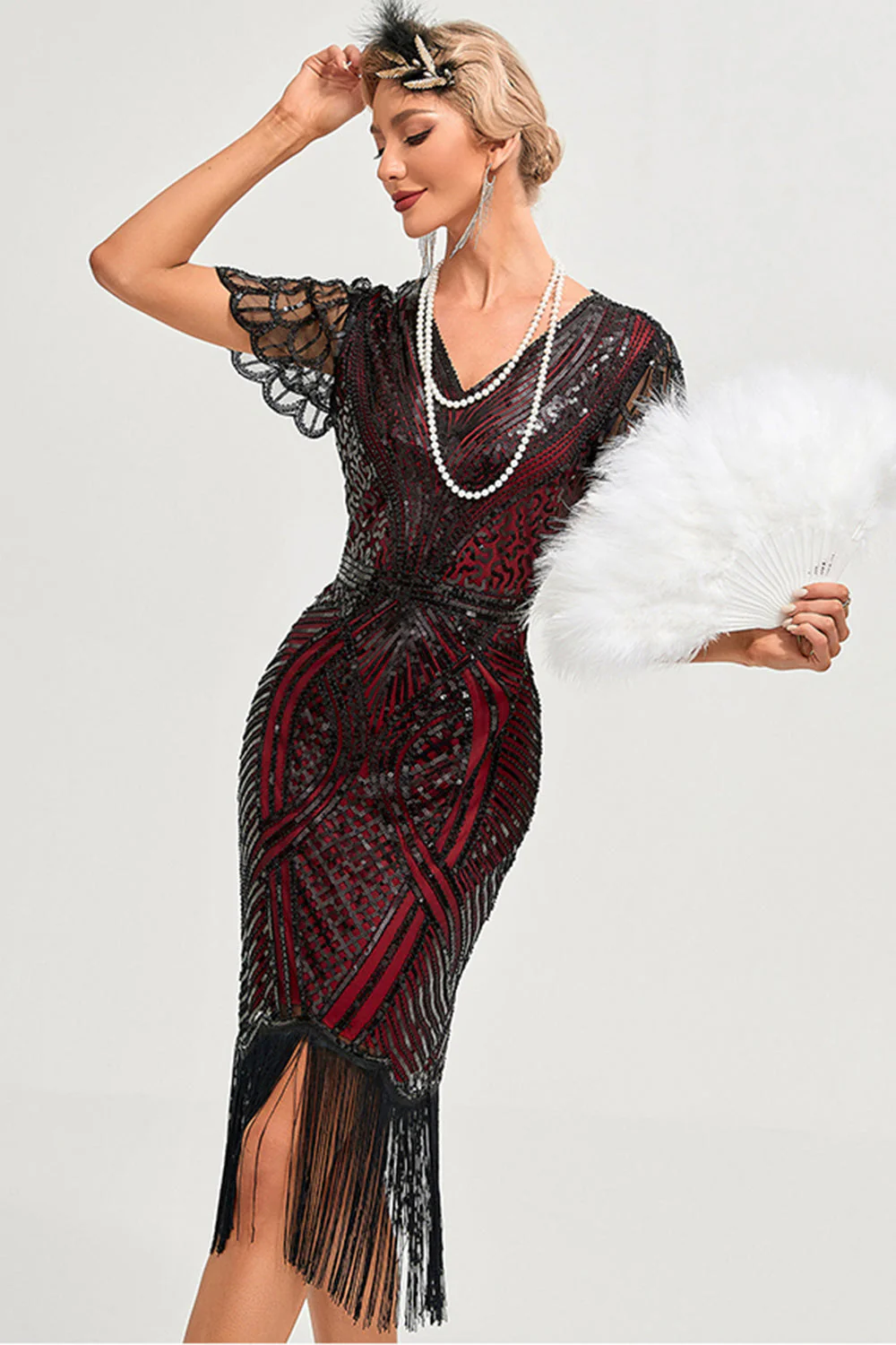 Robe Gatsby années 1920 vert foncé scintillante à manches cape avec perles et franges - Image 5