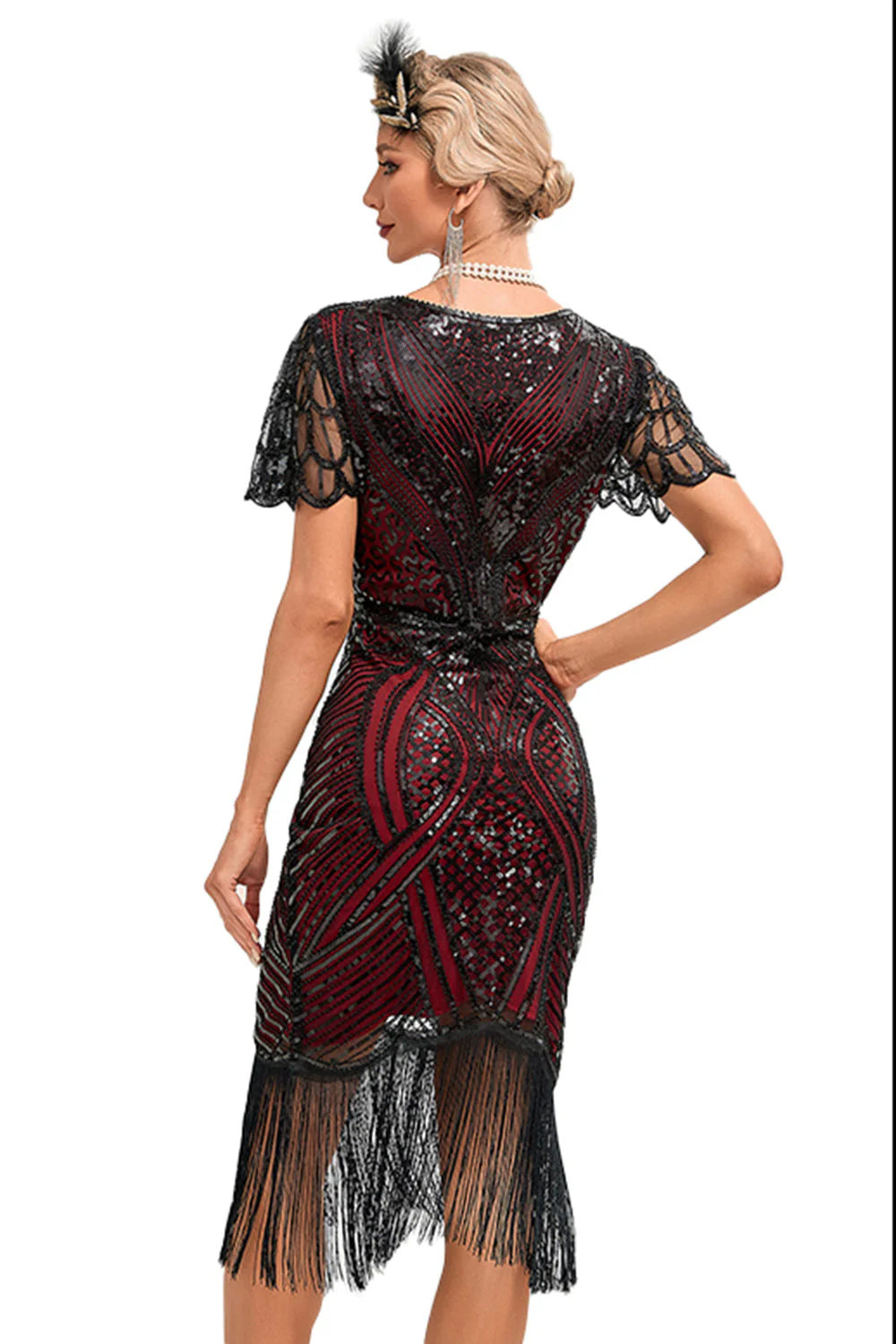 Robe Gatsby années 1920 vert foncé scintillante à manches cape avec perles et franges - Image 6