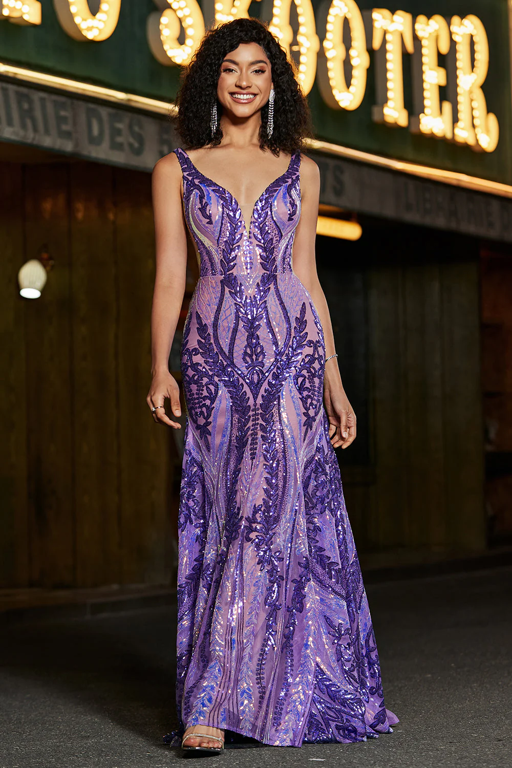 Brillante sirène col V violet foncé paillettes longue robe de soirée avec dos ouvert - Image 3