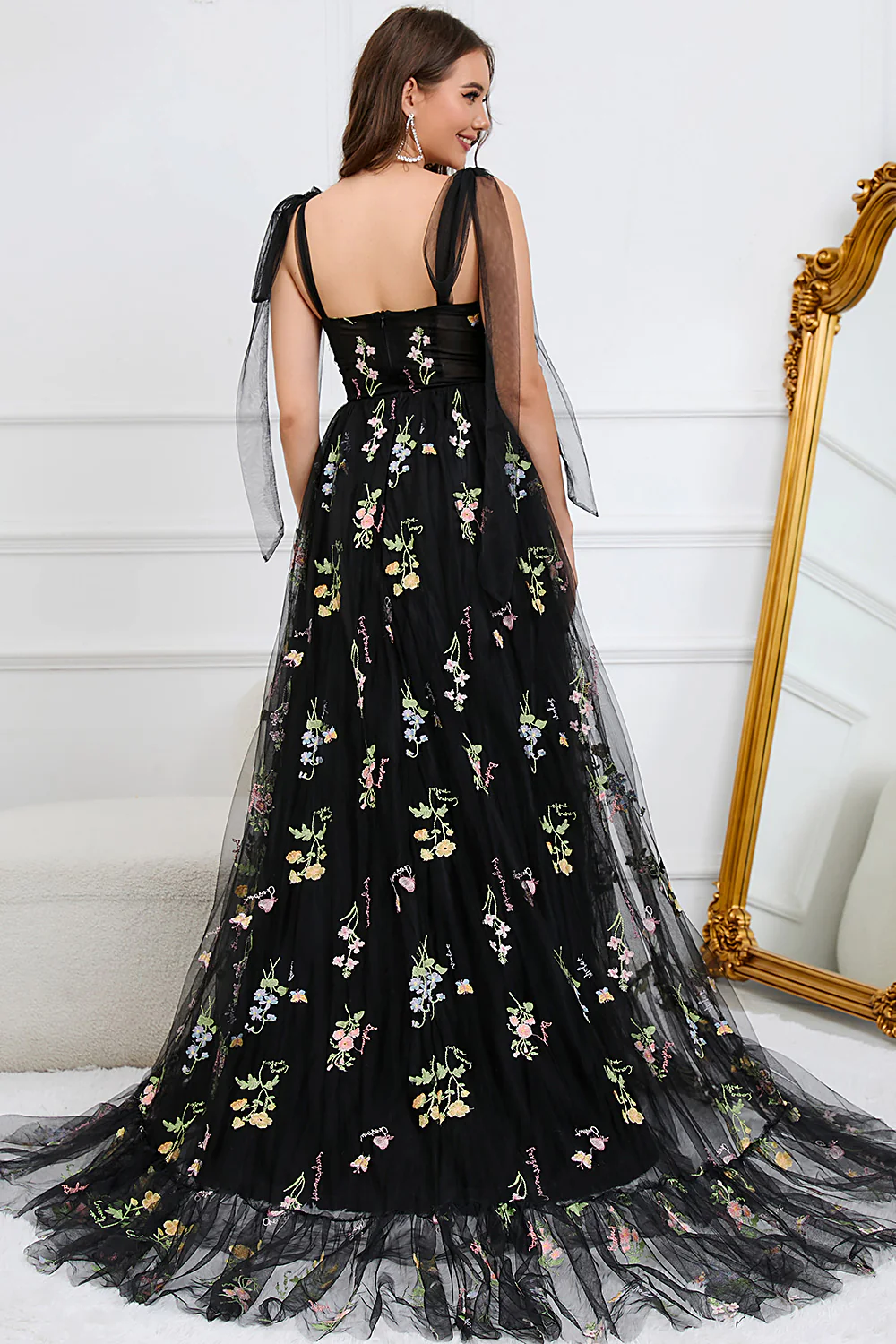Broderie Noir Corset Robe longue de Soirée - Image 4