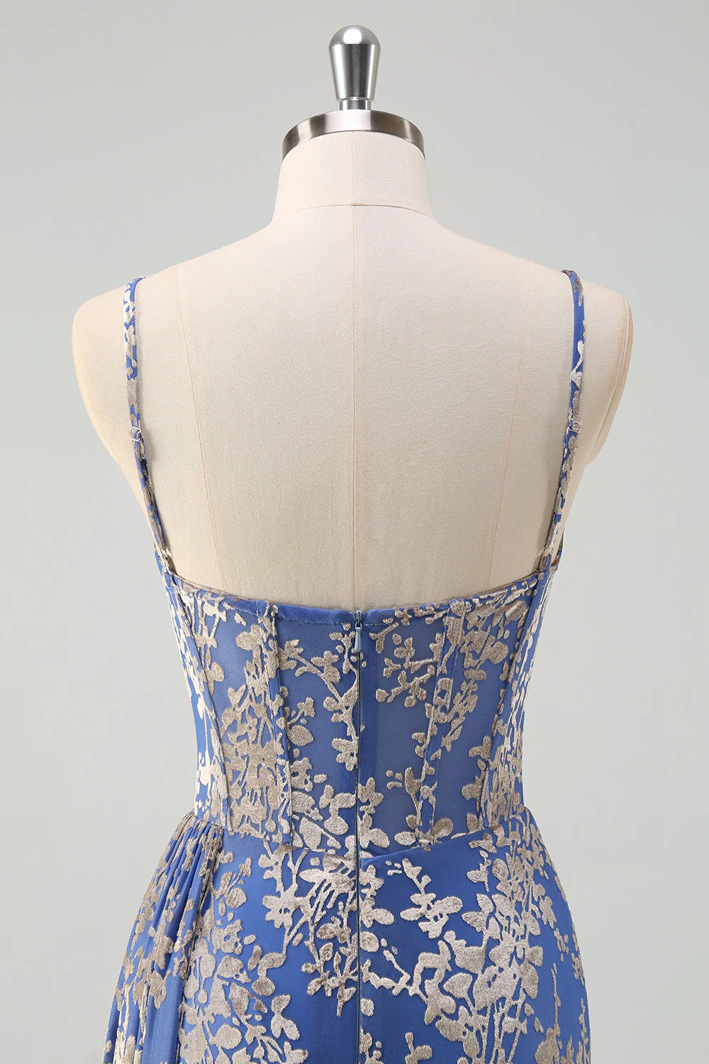 Bleu Burnout Floral Sirène Spaghetti Bretelles Corset Robe de demoiselle d’honneur avec fente - Image 8
