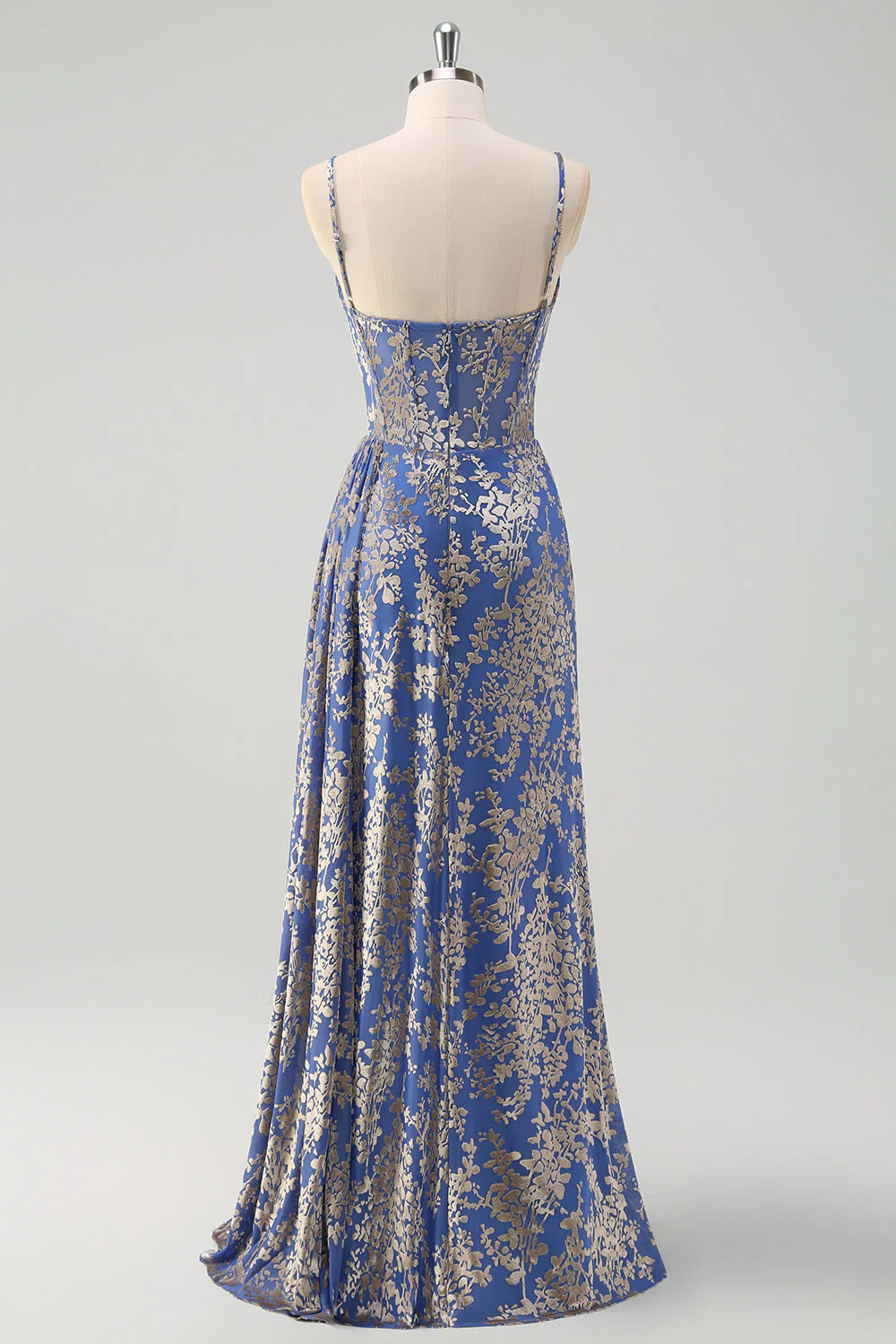 Bleu Burnout Floral Sirène Spaghetti Bretelles Corset Robe de demoiselle d’honneur avec fente - Image 2