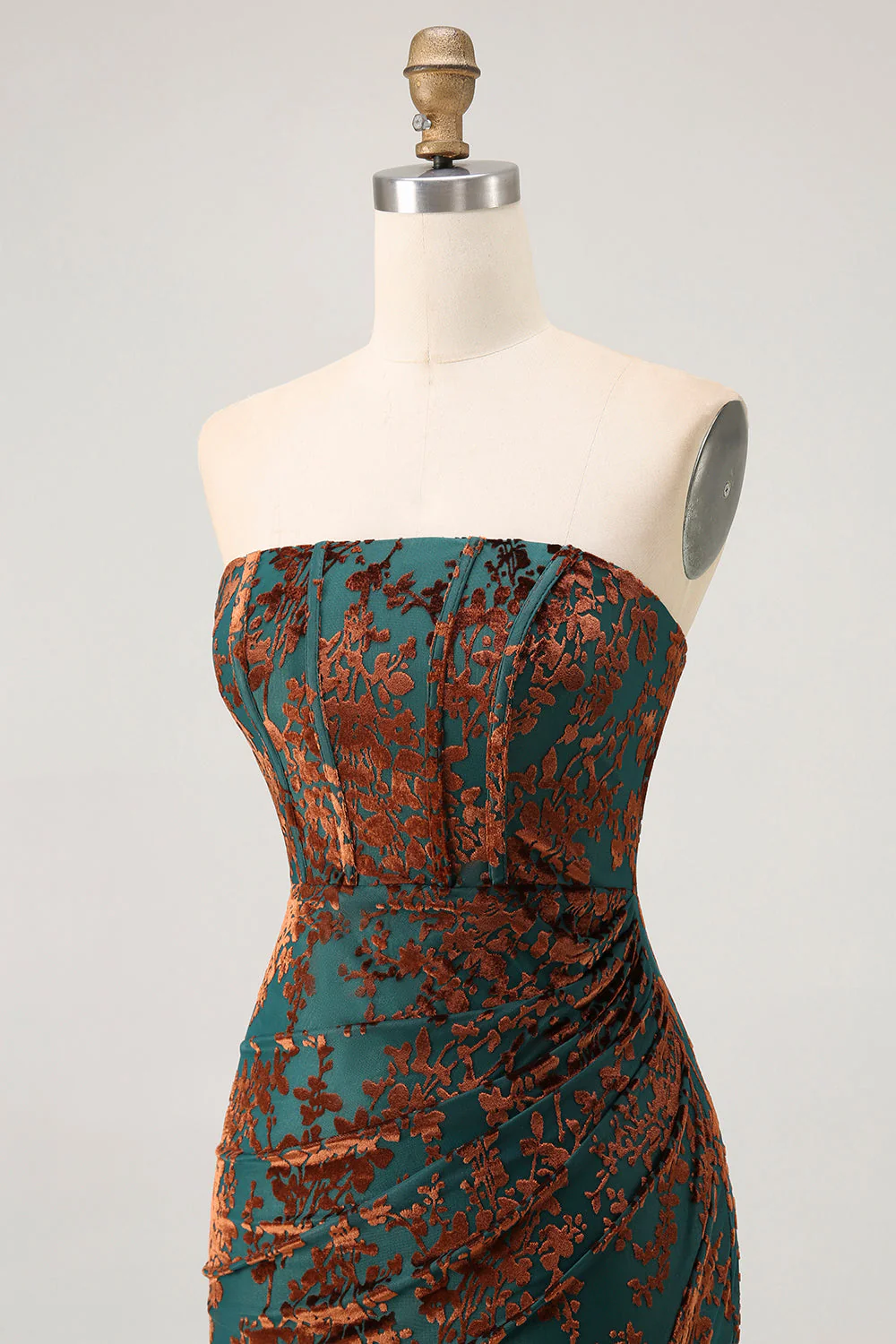 Bustier Peacock Green Corset Burnout Velvet Demoiselle d’honneur Robe avec Fente - Image 6