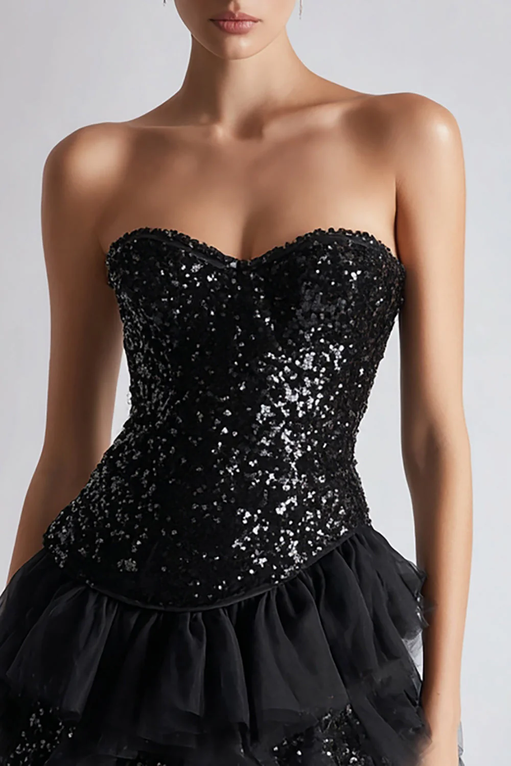 Bustier scintillant corset trapèze petite robe noire à sequins - Image 2