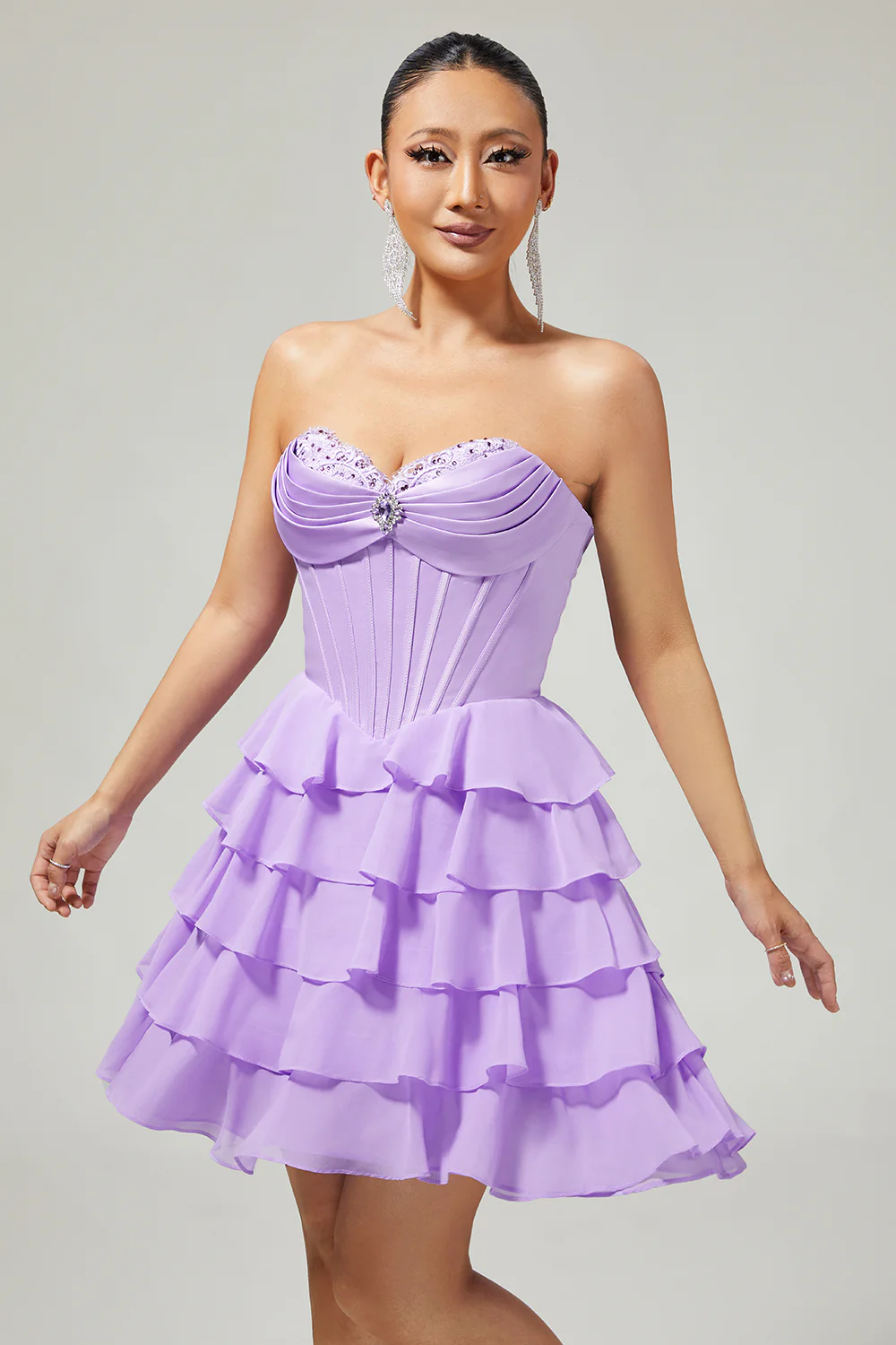 Bustier violet à plusieurs niveaux Corset Une ligne courte Robe De Cocktail - Image 3