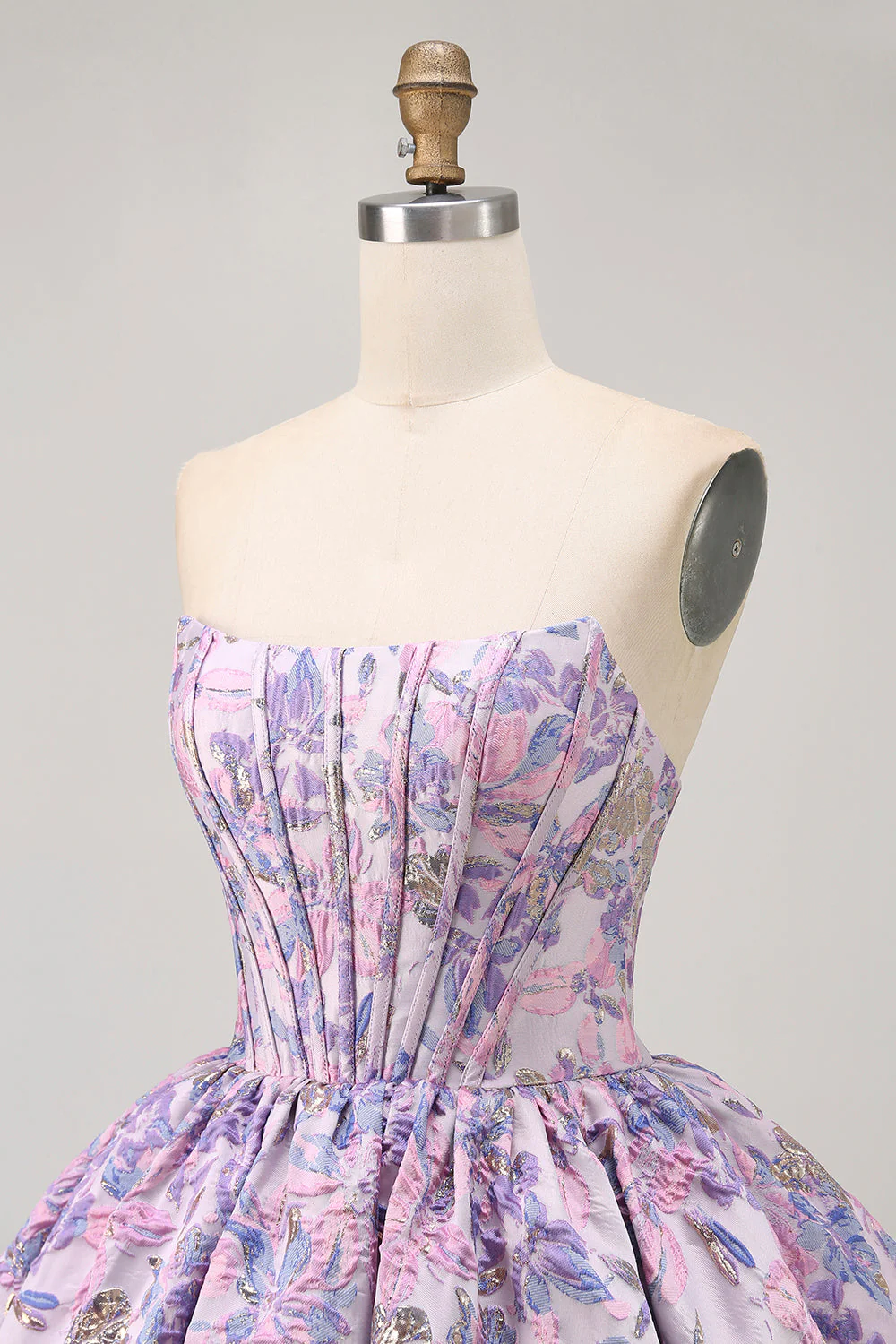 Bustier violet brocart a-ligne corset mini robe de bal avec ourlet à bulles - Image 5