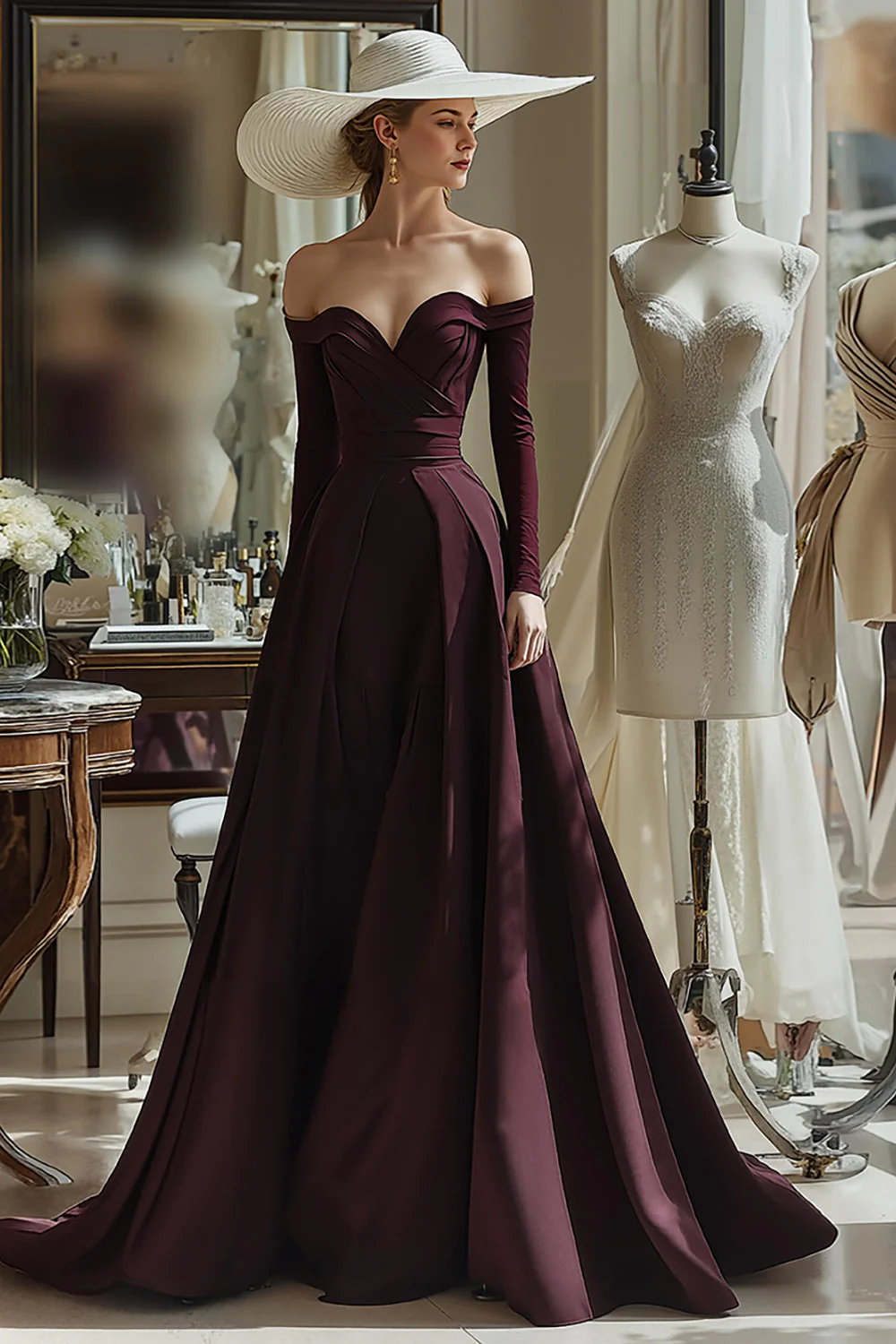Cabernet Une ligne Satin Épaule dénudée Manches longues Robe Mère de la mariée