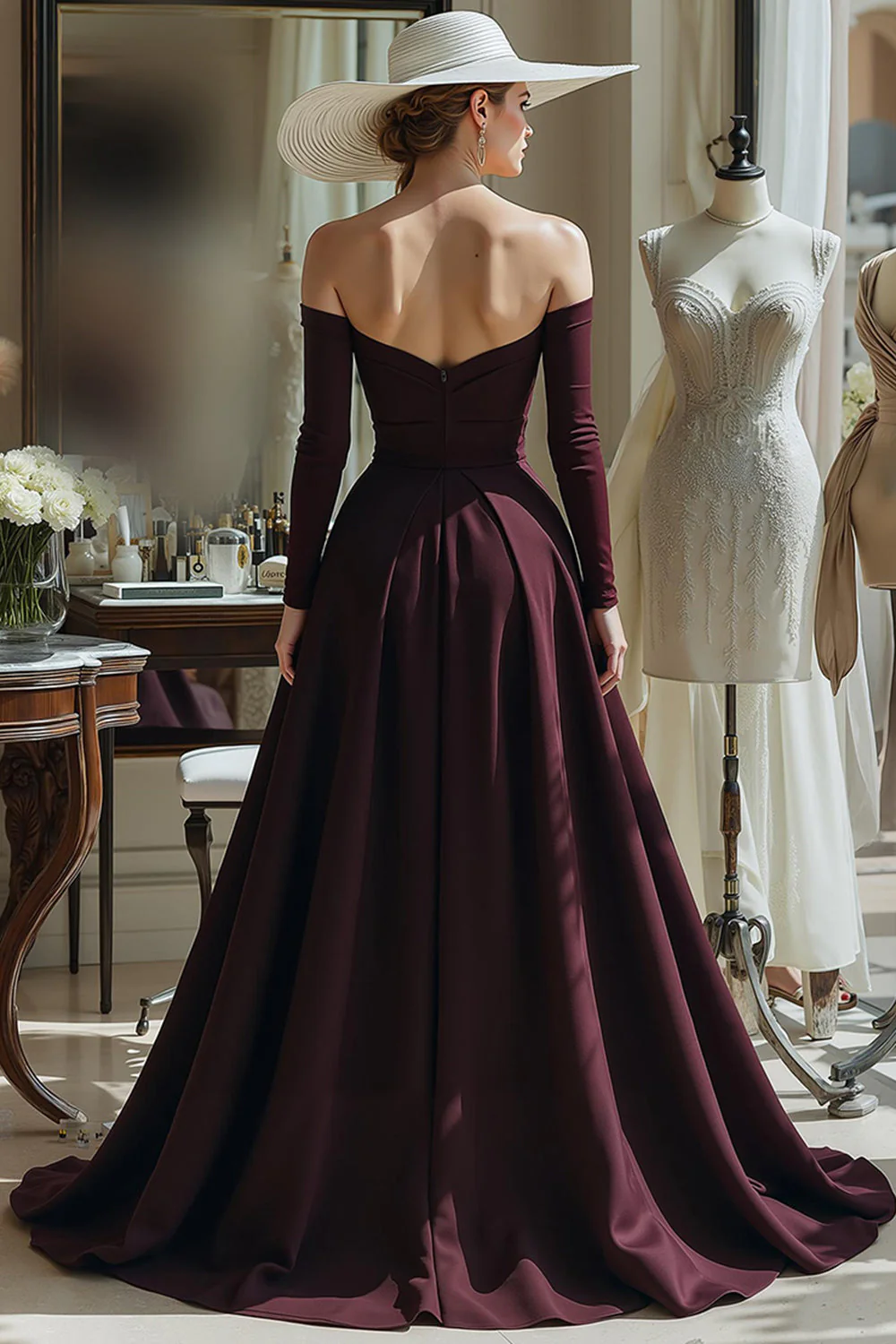 Cabernet Une ligne Satin Épaule dénudée Manches longues Robe Mère de la mariée - Image 2