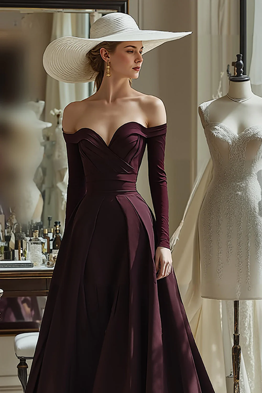 Cabernet Une ligne Satin Épaule dénudée Manches longues Robe Mère de la mariée - Image 3