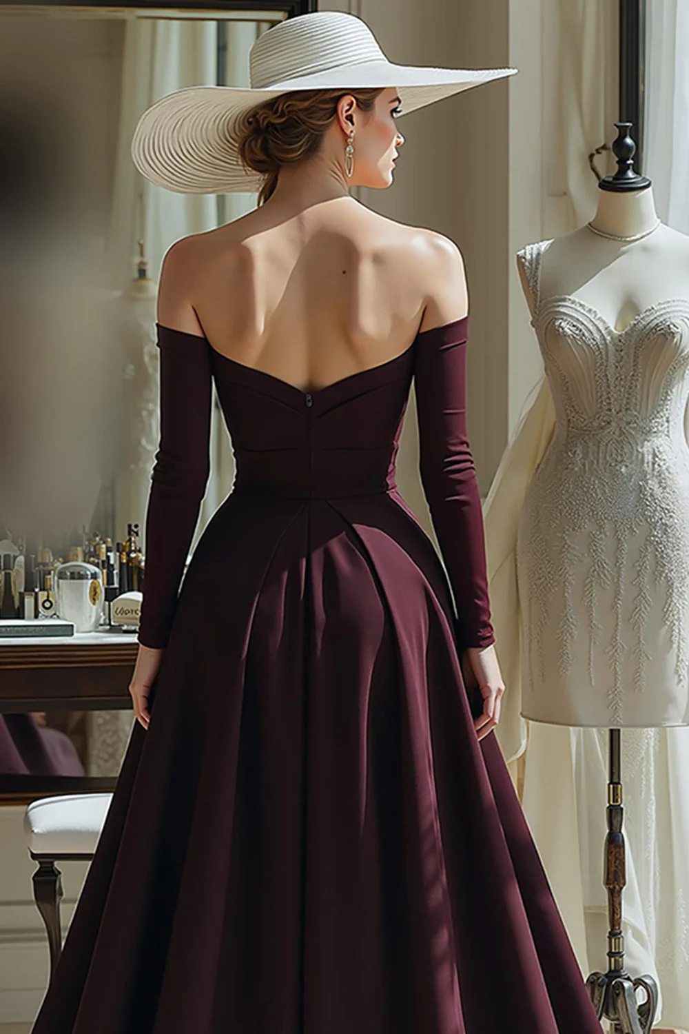 Cabernet Une ligne Satin Épaule dénudée Manches longues Robe Mère de la mariée - Image 4