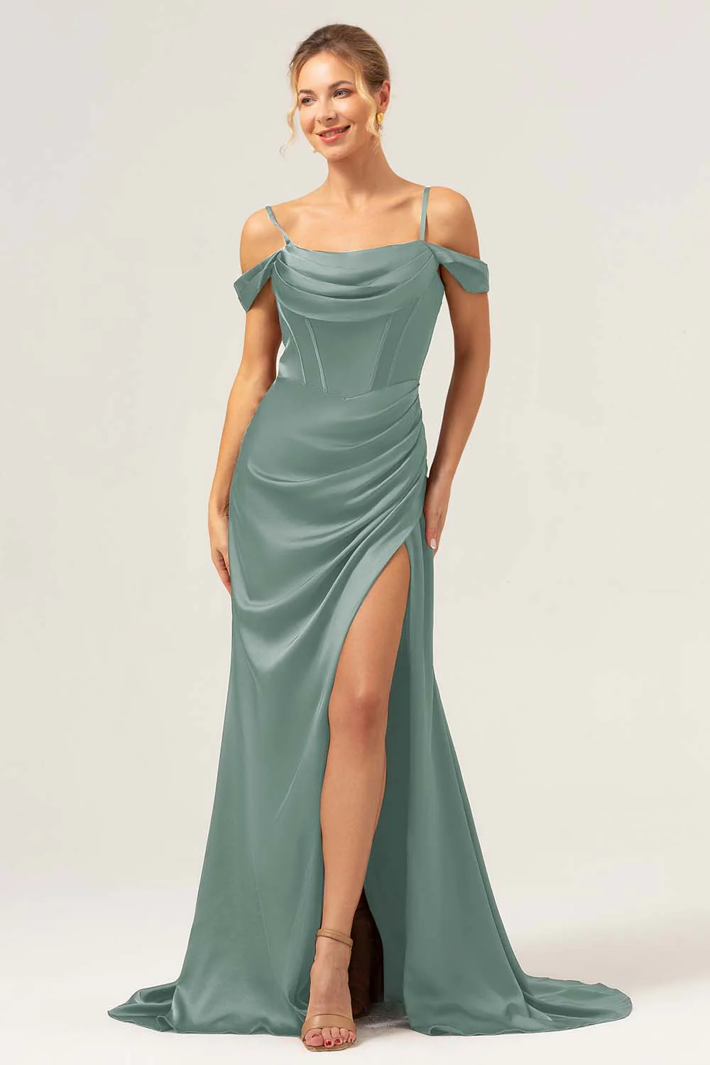 Robe longue de demoiselle d'honneur Sirène bustier corseté bretelles fines fente latérale - Image 7