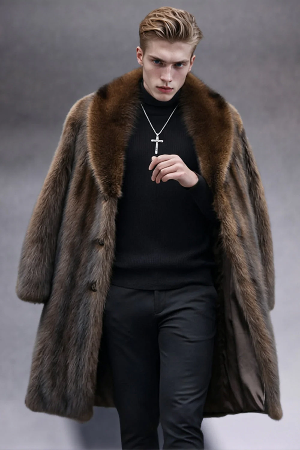 Camel châle revers fausse fourrure long manteau pour homme