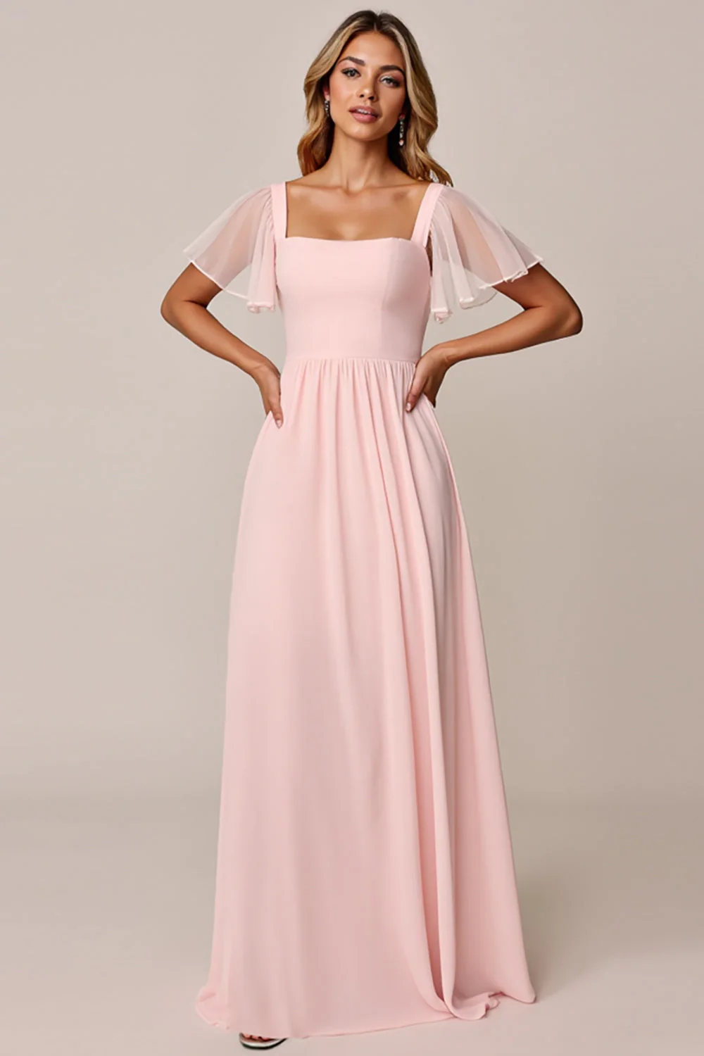 Candy Pink A Line Col carré Robe de demoiselle d’honneur en mousseline de soie