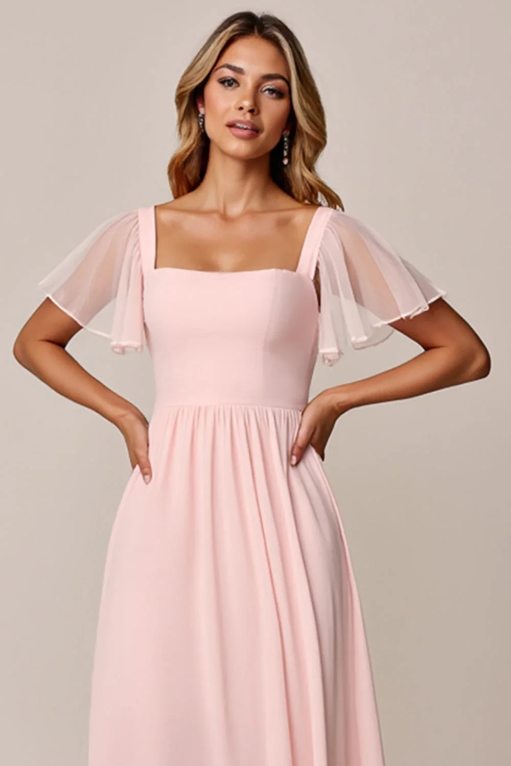 Candy Pink A Line Col carré Robe de demoiselle d’honneur en mousseline de soie - Image 4