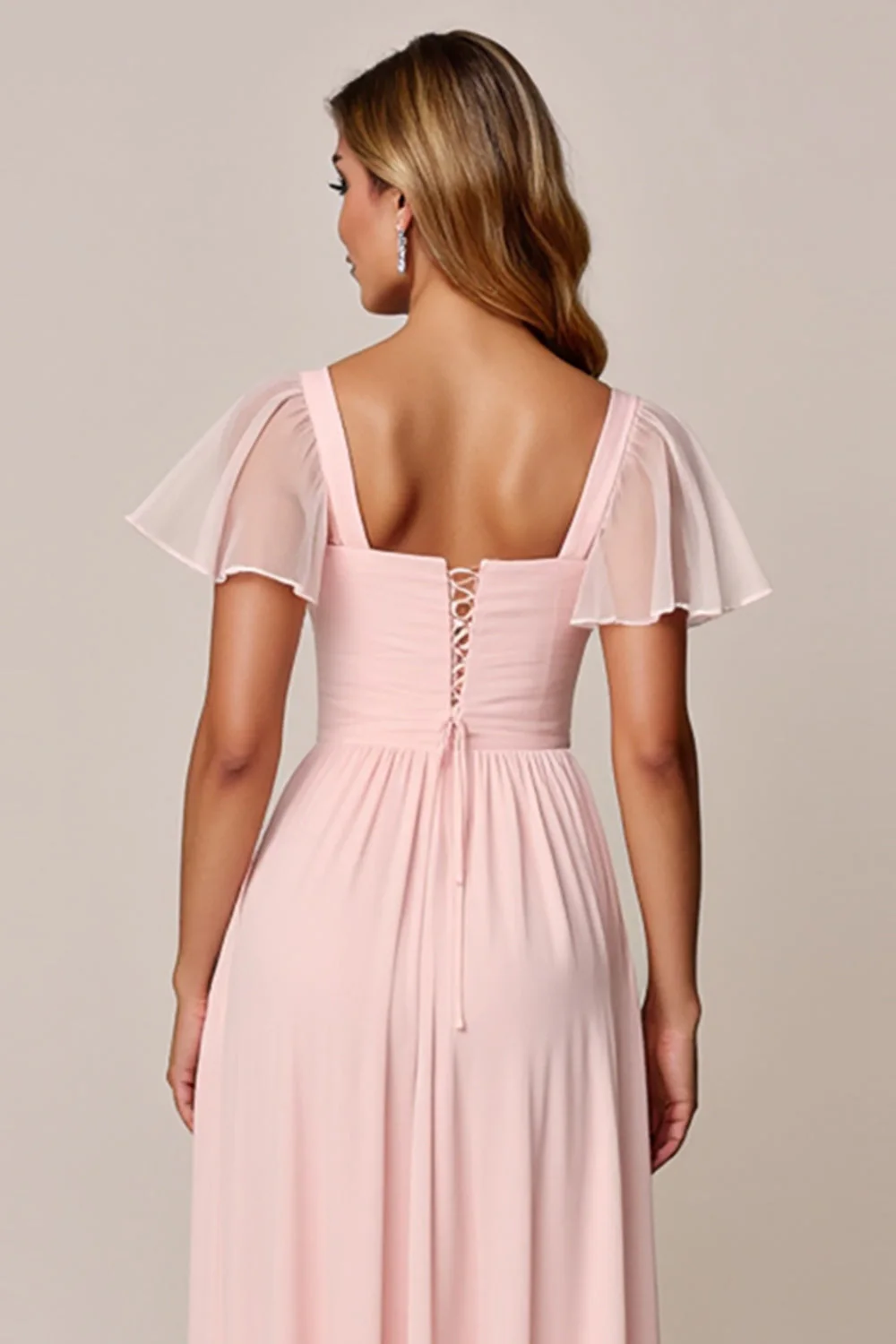 Candy Pink A Line Col carré Robe de demoiselle d’honneur en mousseline de soie - Image 5