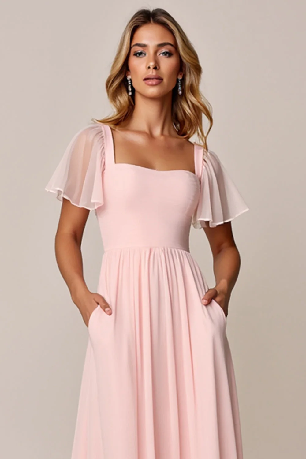 Candy Pink A Line Col carré Robe de demoiselle d’honneur en mousseline de soie - Image 6