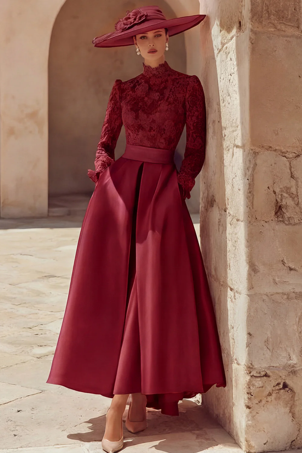 Robe longue pour mère de la mariée en dentelle rose bonbon col haut coupe une ligne - Image 12