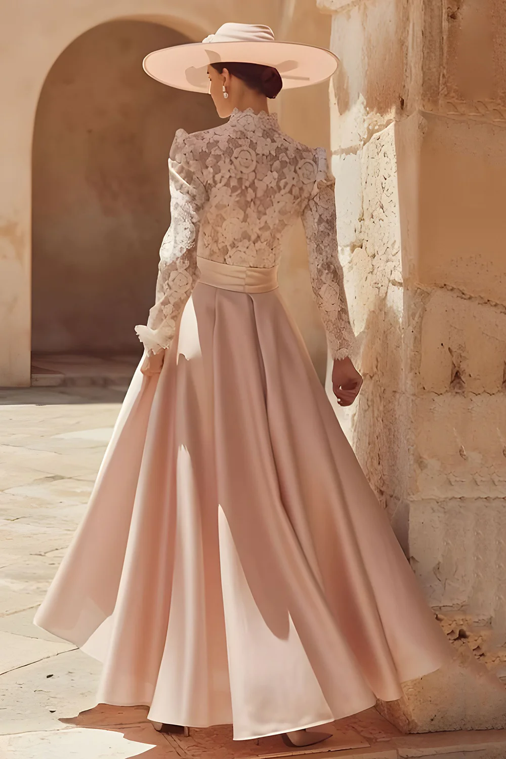 Robe longue pour mère de la mariée en dentelle rose bonbon col haut coupe une ligne - Image 2