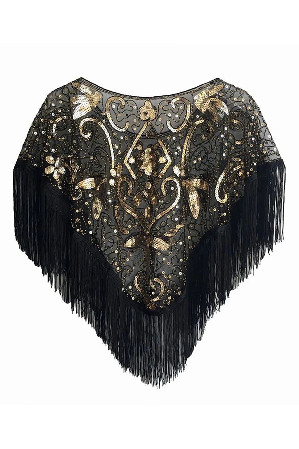 Cap à paillettes noir doré des années 1920 avec franges - Image 2