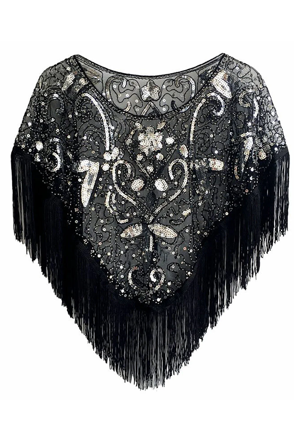 Cap à paillettes noir doré des années 1920 avec franges - Image 7
