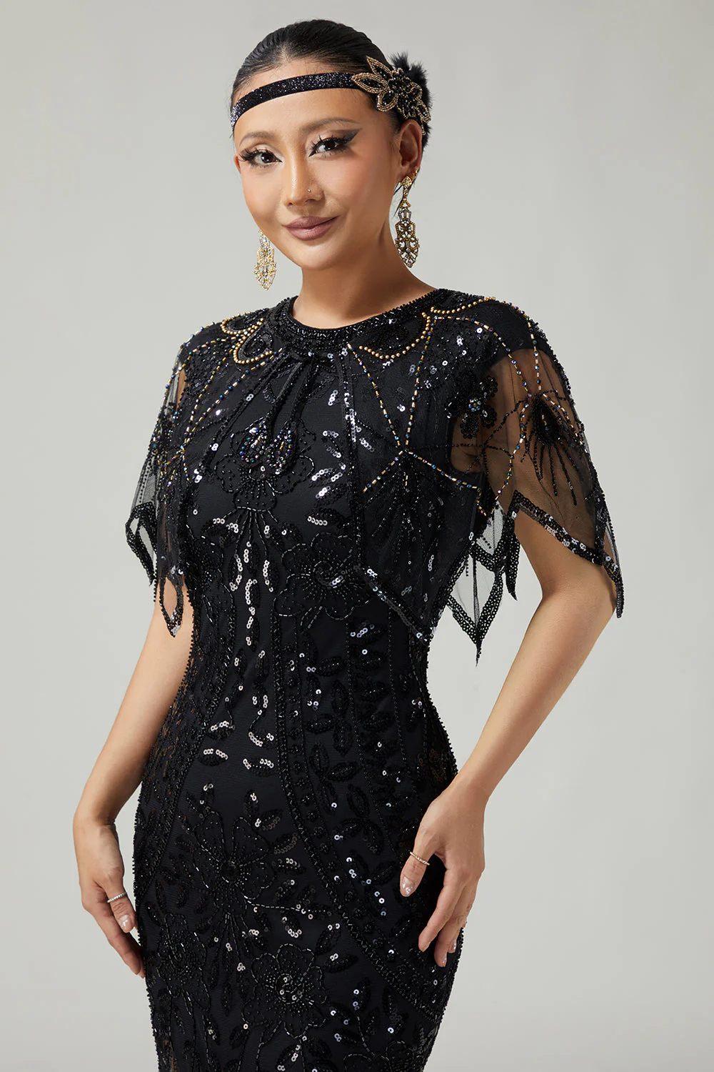 Cape féminine des années 1920 en sequins dorés noirs Gatsby avec perles - Image 3