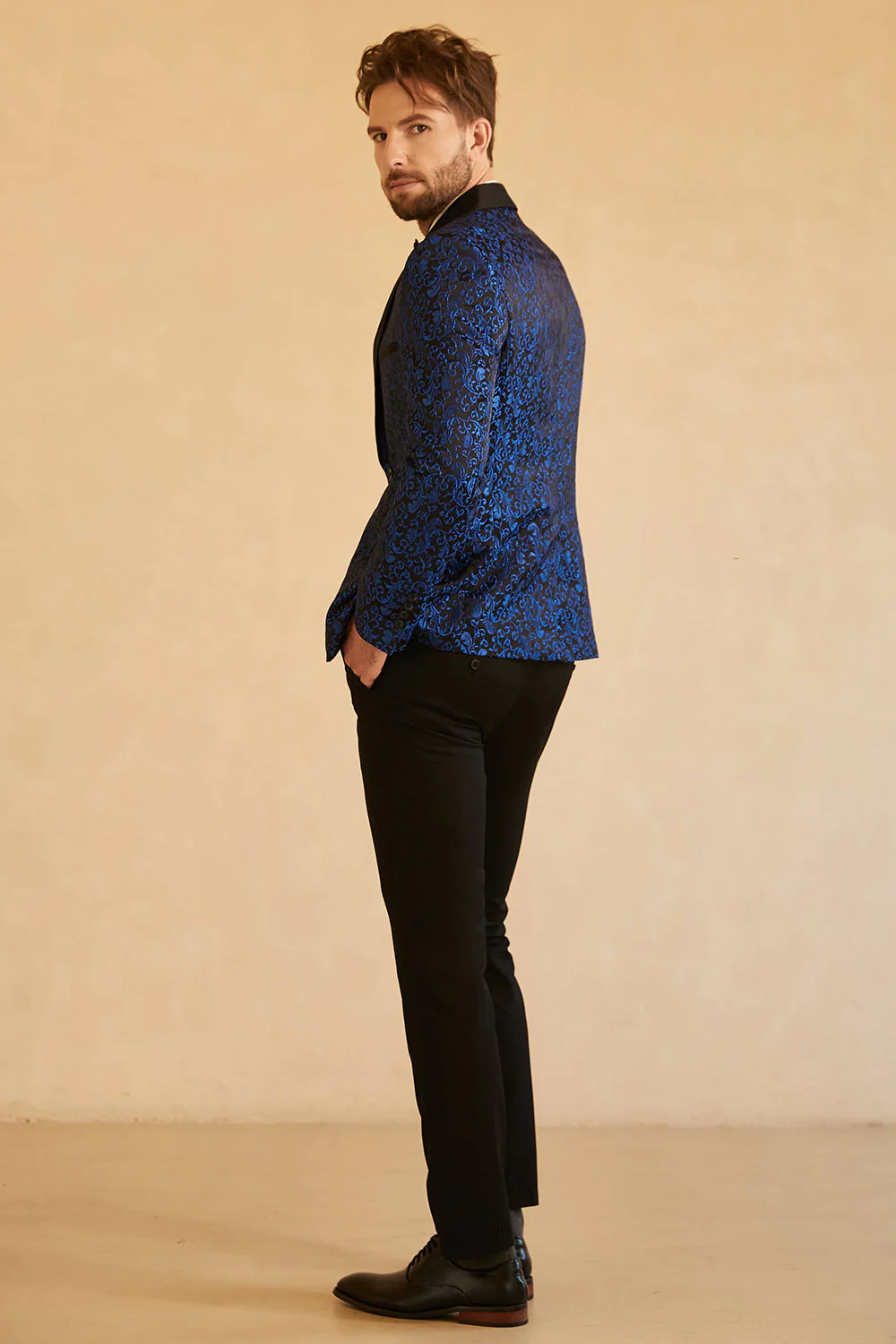Châle bleu Revers Jacquard Blazer de bal masculin à un bouton - Image 4