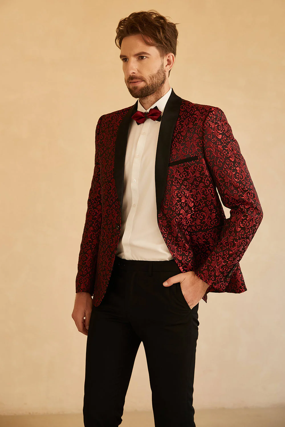 Châle bleu Revers Jacquard Blazer de bal masculin à un bouton - Image 7