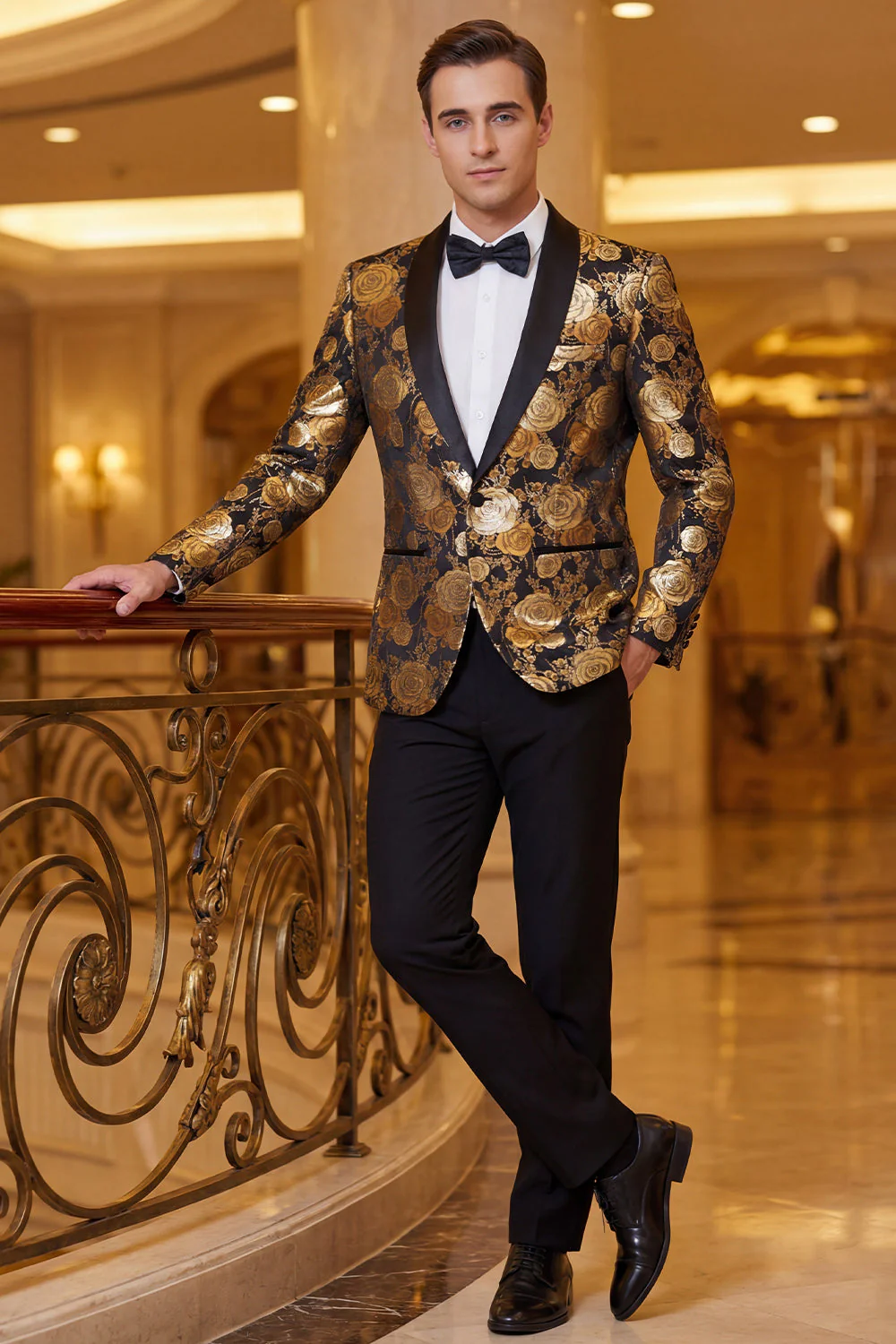 Châle fleuri Jacquard doré à revers, veston simple boutonnage pour hommes - Image 3