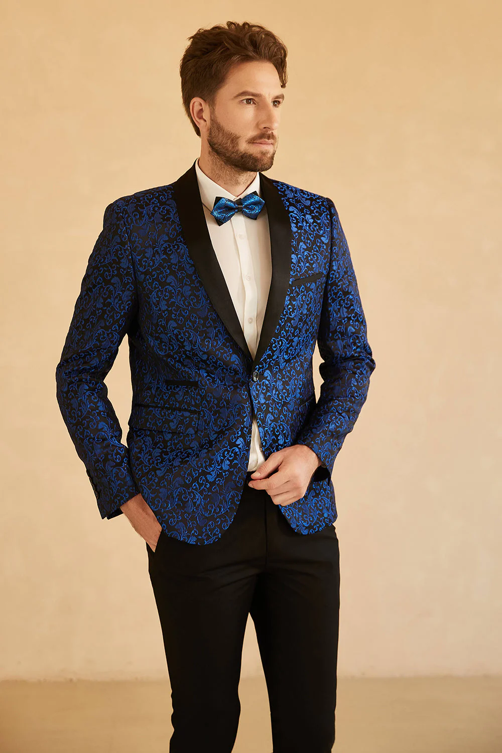 Châle rouge Revers Jacquard Blazer de bal des finissants masculin à un bouton - Image 10
