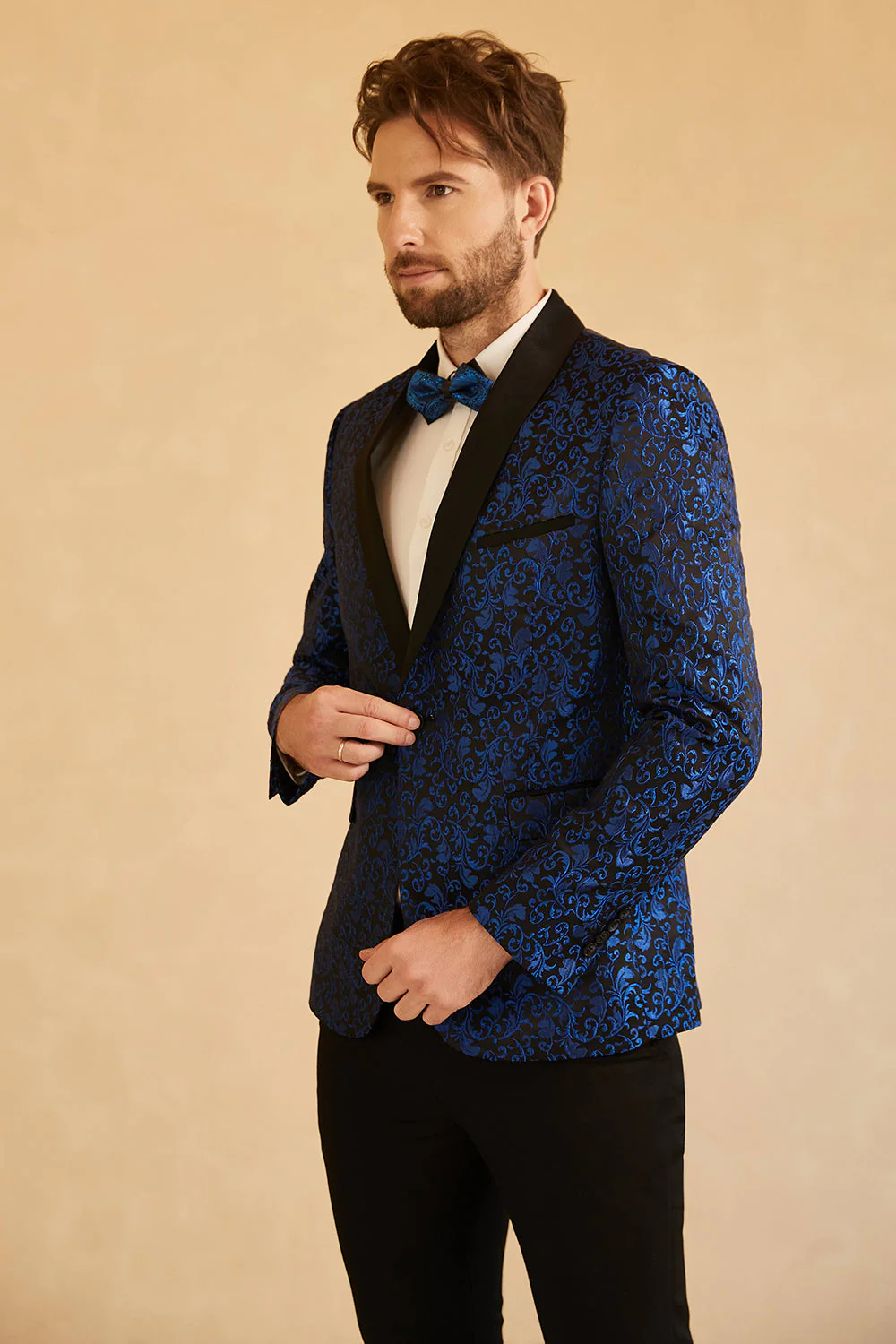 Châle rouge Revers Jacquard Blazer de bal des finissants masculin à un bouton - Image 13