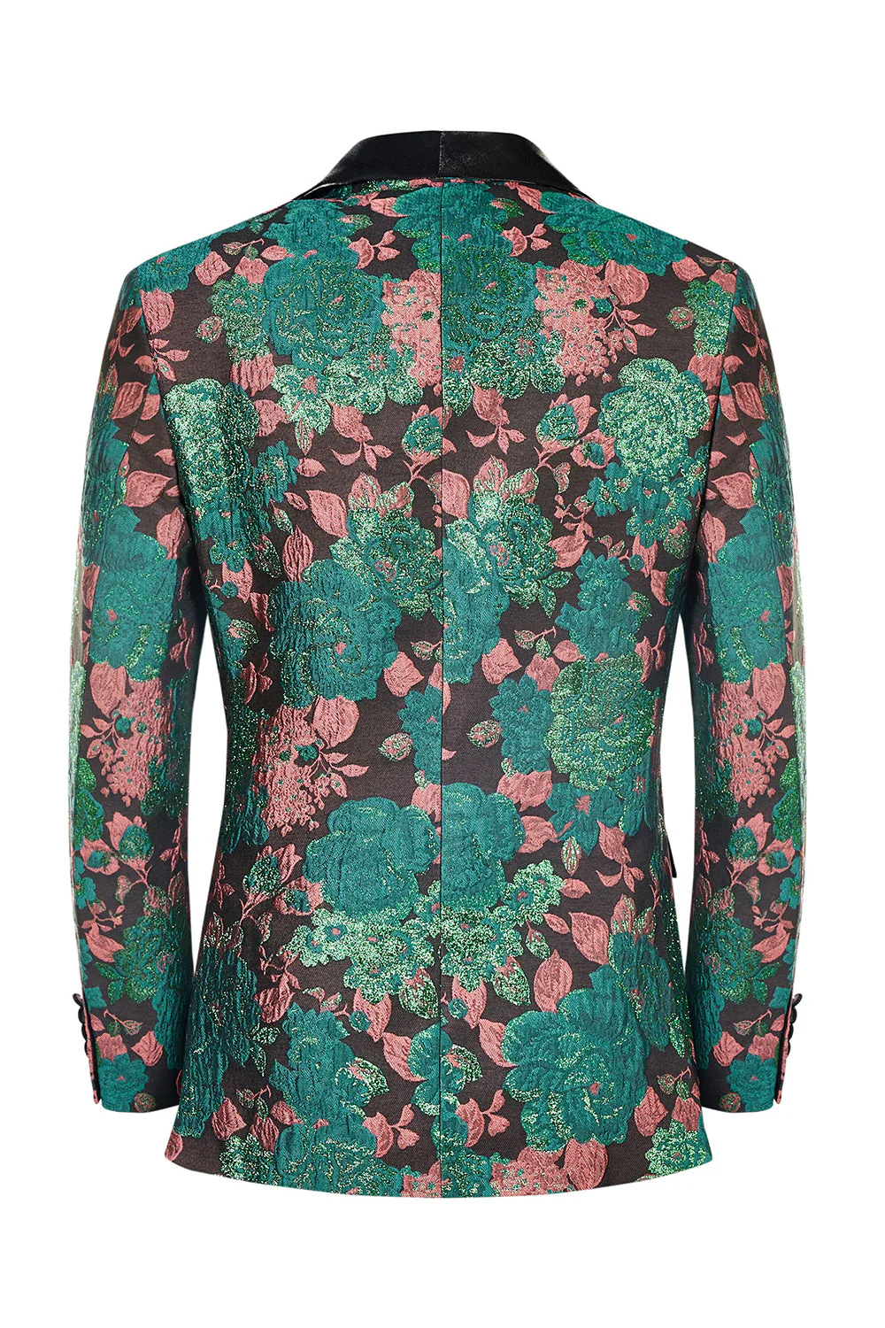 Châle vert Revers Jacquard Motif floral Costume Homme Veste Blazer - Image 2