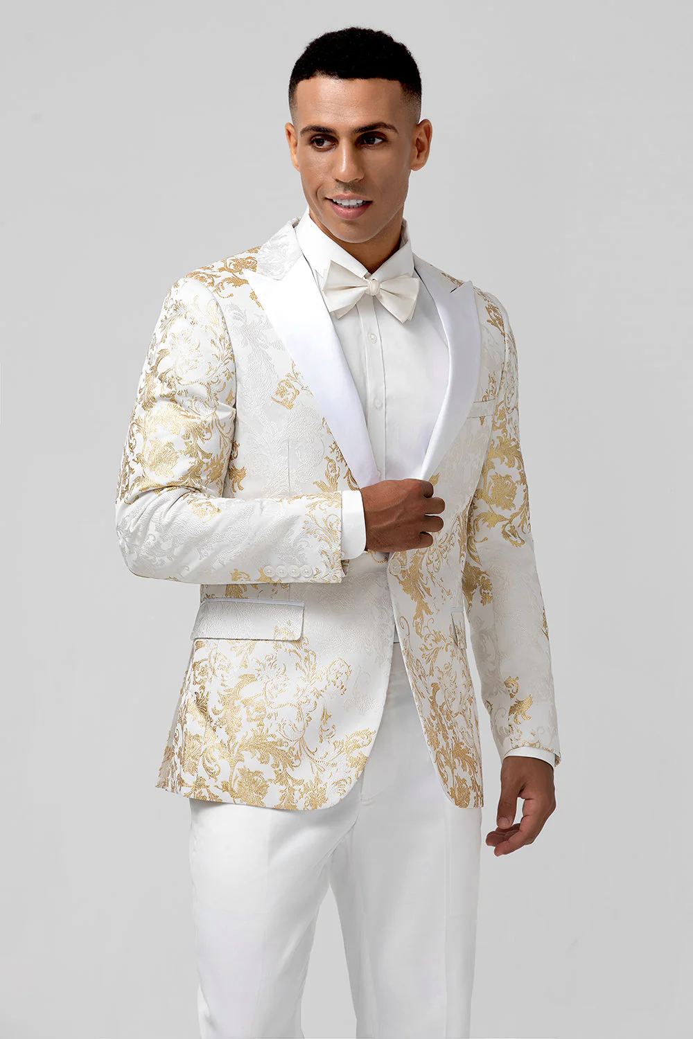 Champagne 2 pièces à revers en pointe un bouton Jacquard Costumes de bal pour hommes - Image 6