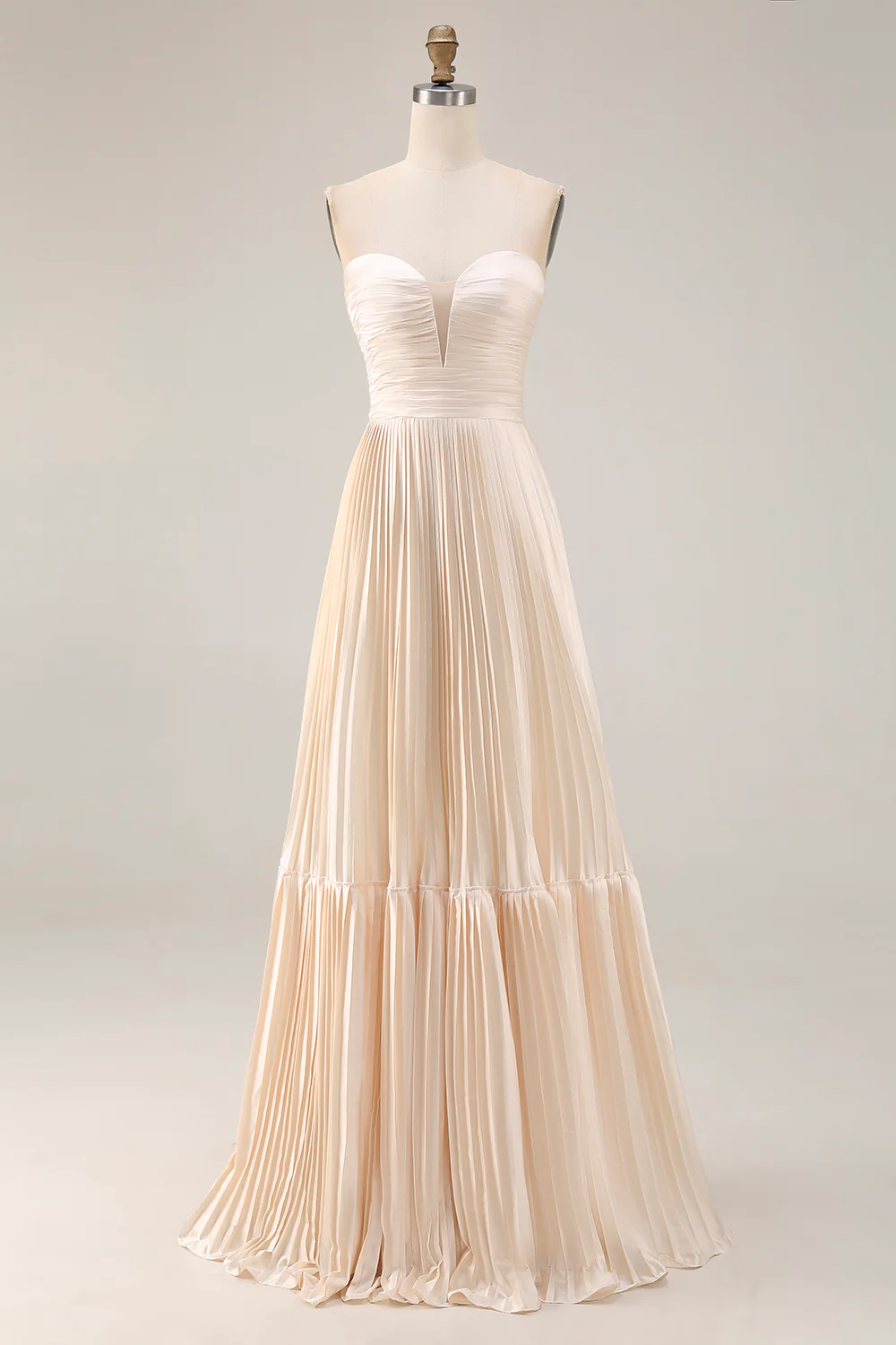 Champagne A Line Robe d’invitée longue de mariage plissée sans bretelles - Image 3