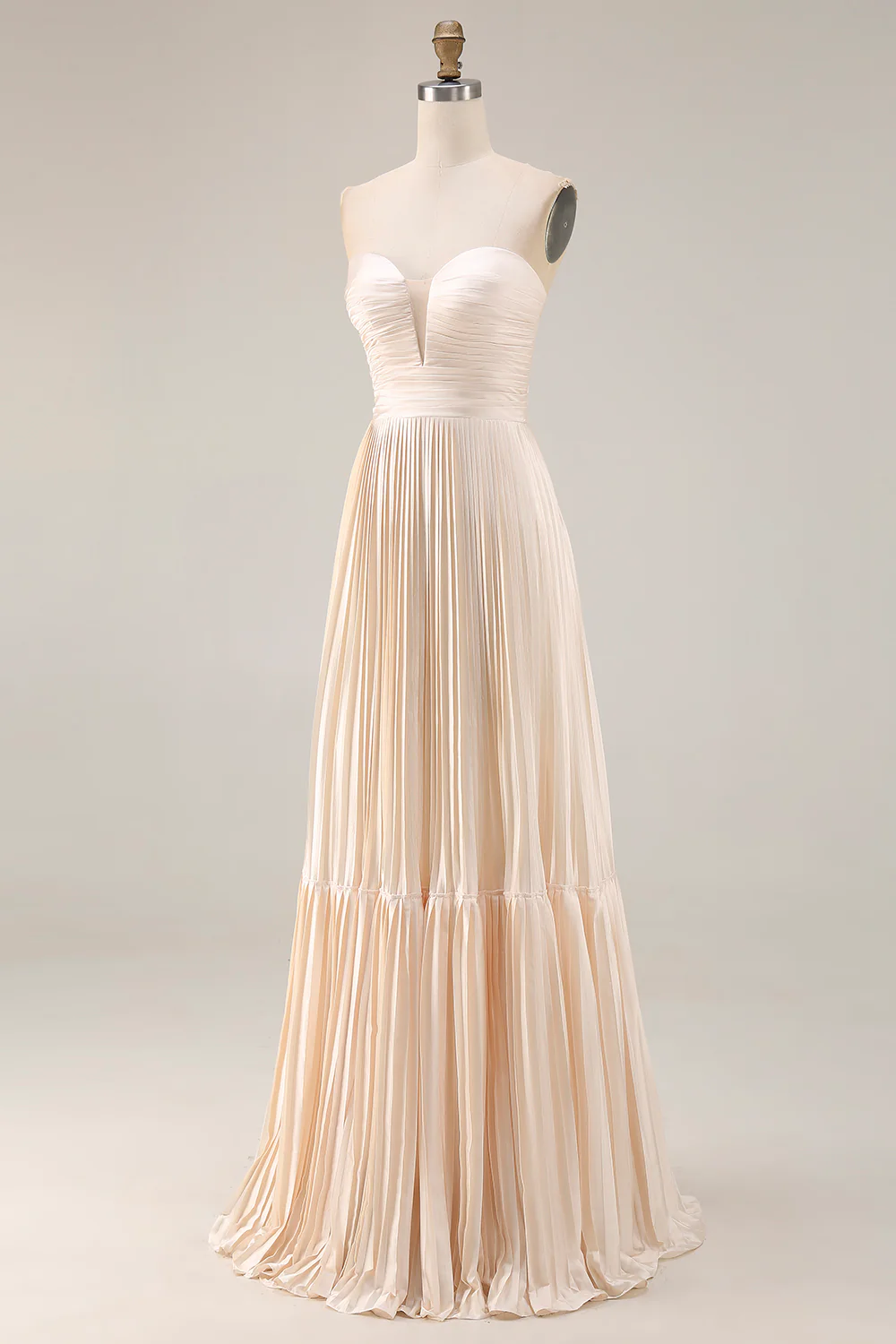 Champagne A Line Robe d’invitée longue de mariage plissée sans bretelles - Image 5