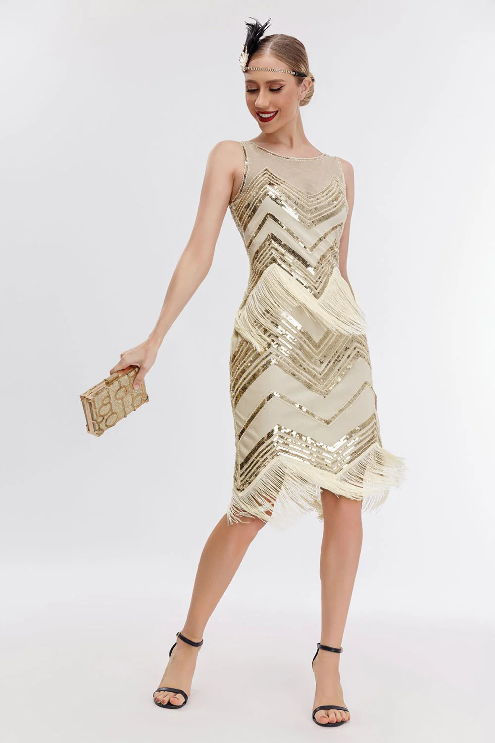 Champagne Glitter Fringes Gatsby Robe avec Accessoires - Image 3