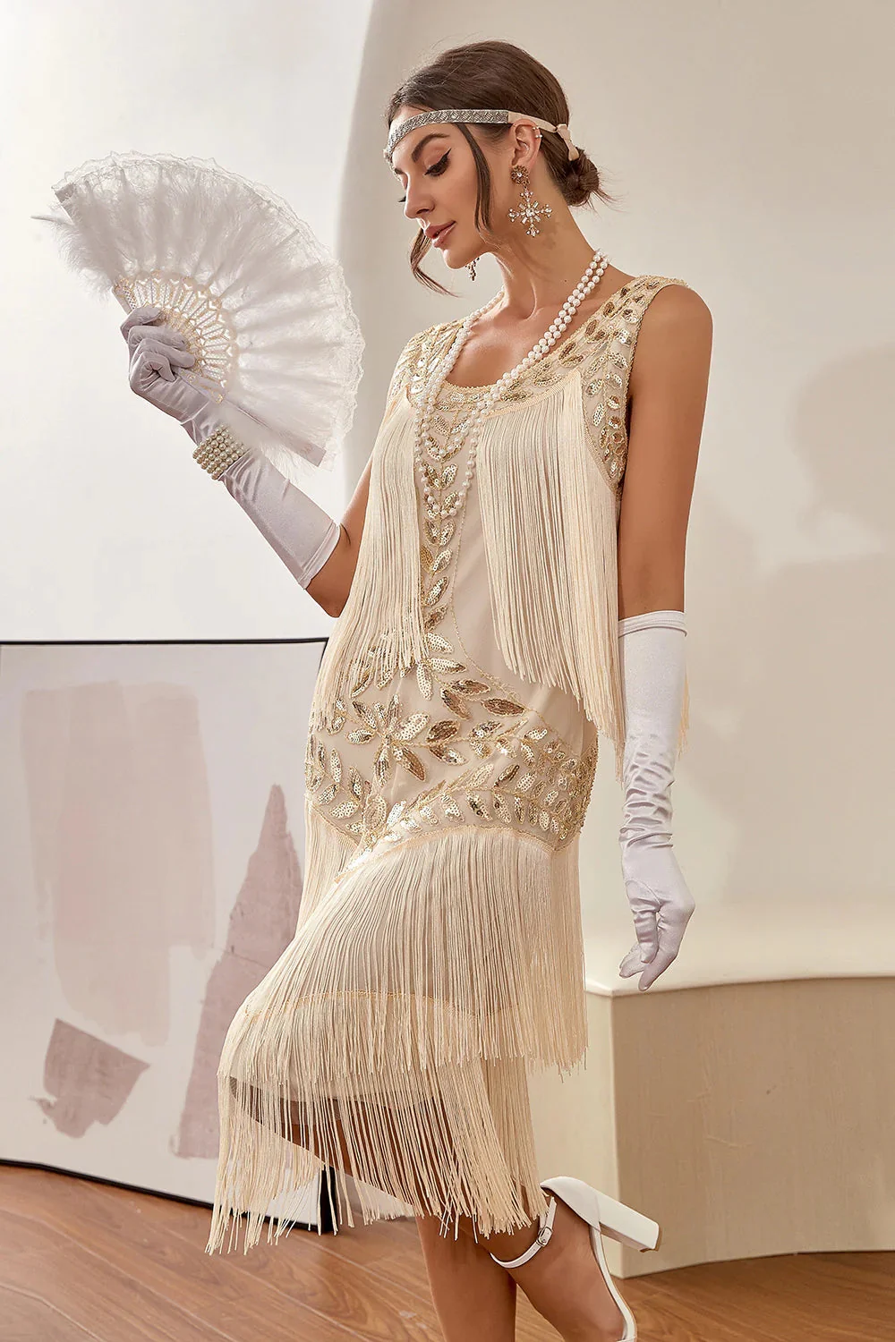Champagne Paillettes Franges 1920s Gatsby Robe avec 20s Accessoires Set - Image 6
