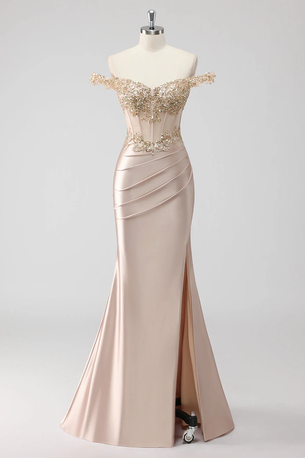 Robe de soirée champagne scintillante bustier épaules dénudées appliquée avec fente