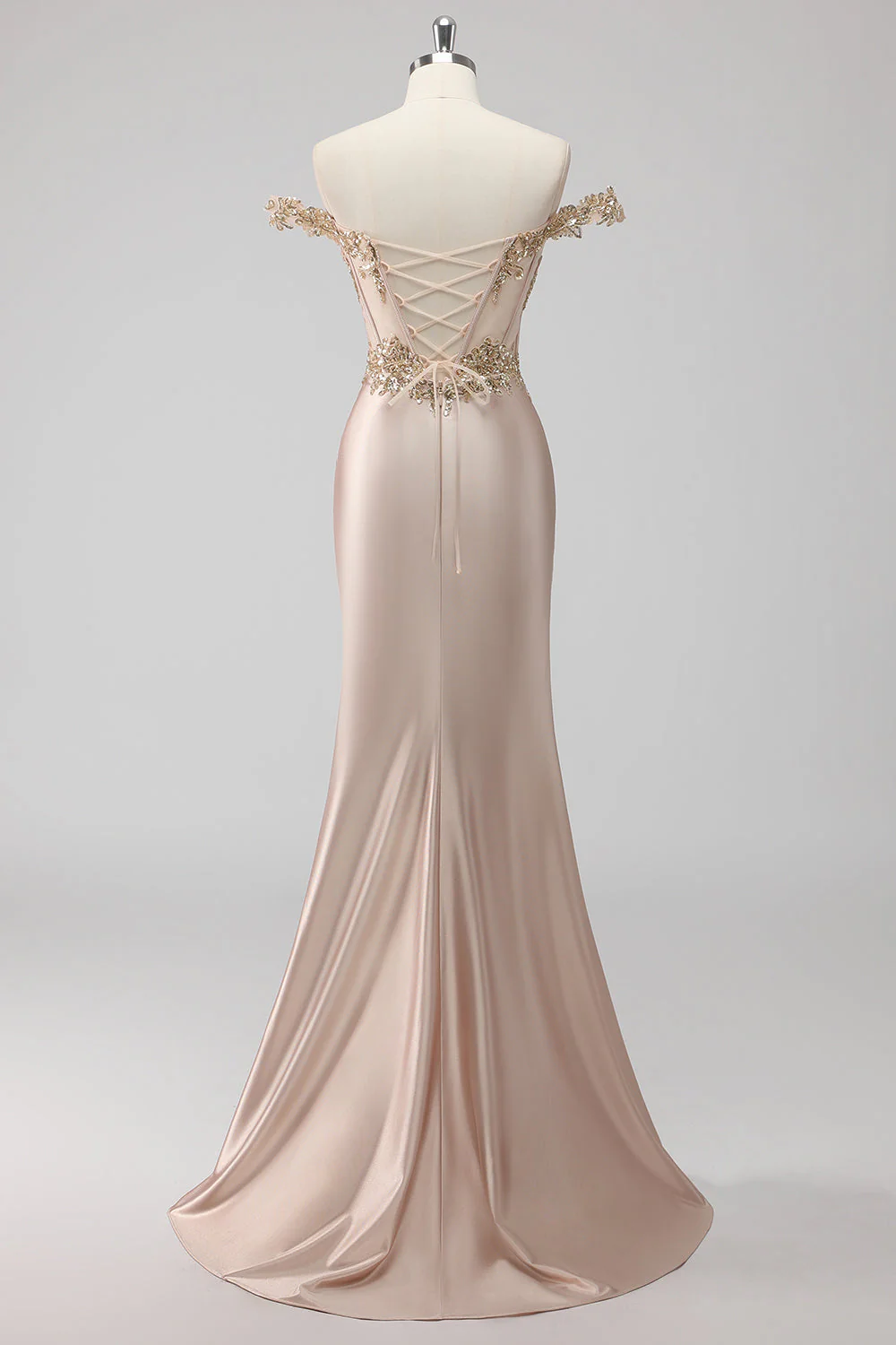 Robe de soirée champagne scintillante bustier épaules dénudées appliquée avec fente - Image 2